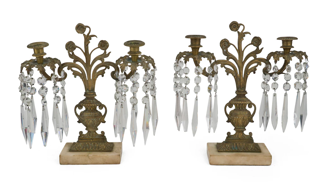 Pair of Victorian Brass and Crystal Candelabra