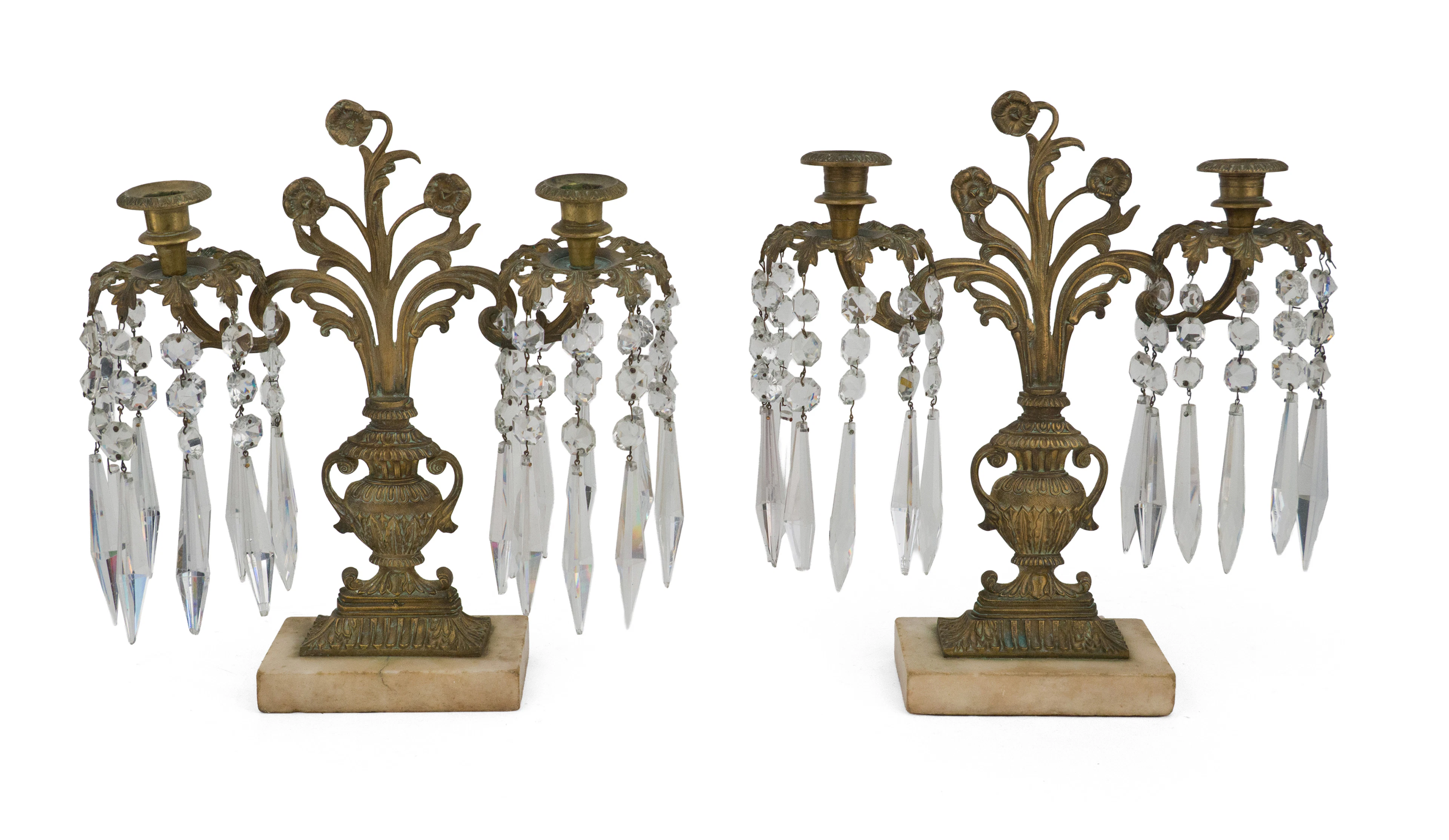 Pair of Victorian Brass and Crystal Candelabra