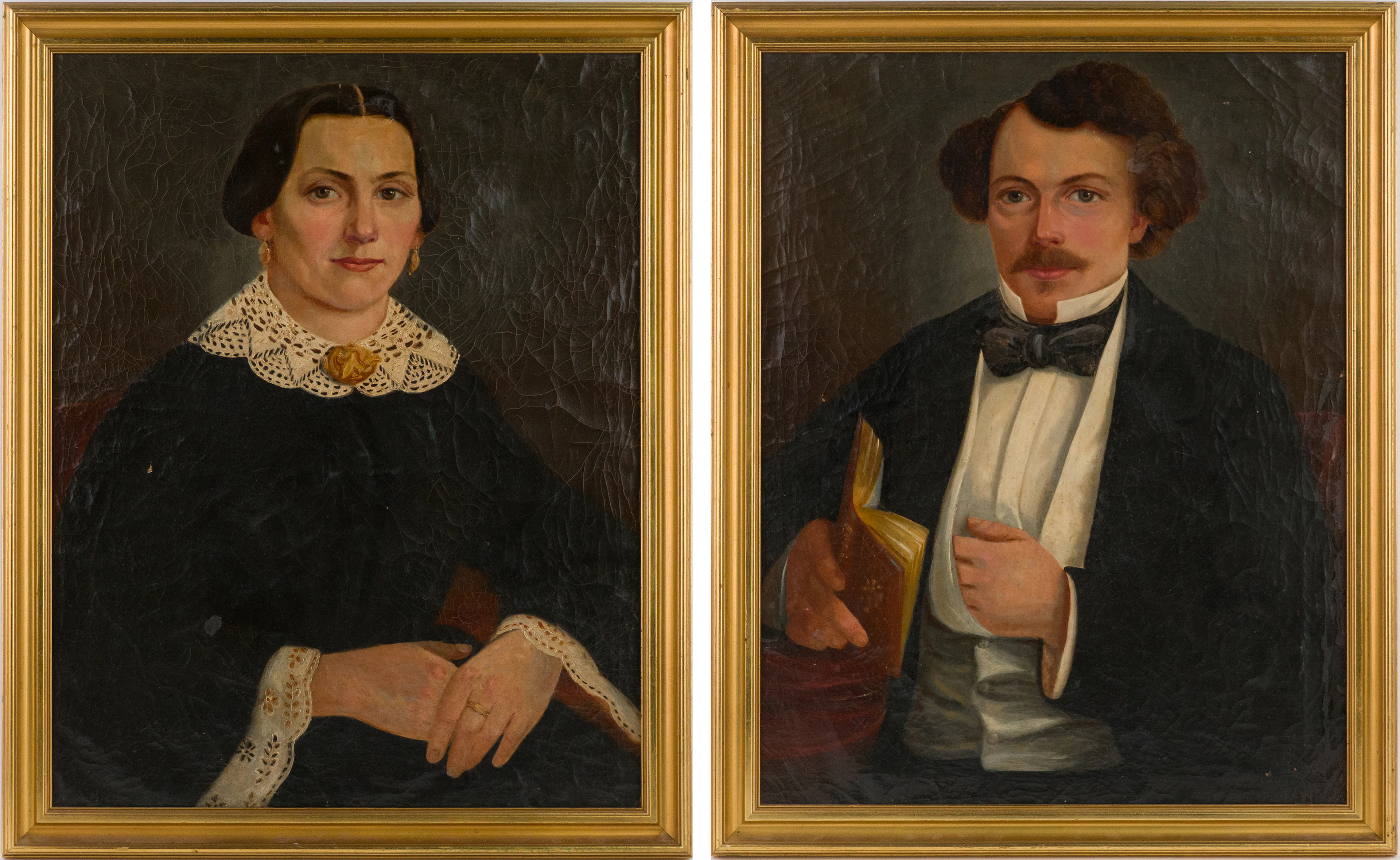 Pair of Folk Art Portraits, Oil on Canvas