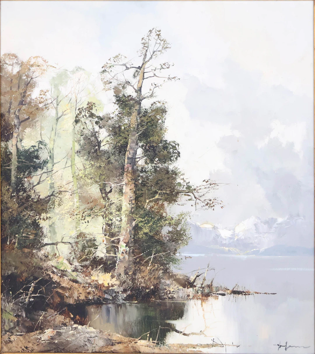 Ingfried Henze, 1925-1972, Landscape with Lake and Forest, Oil on Canvas