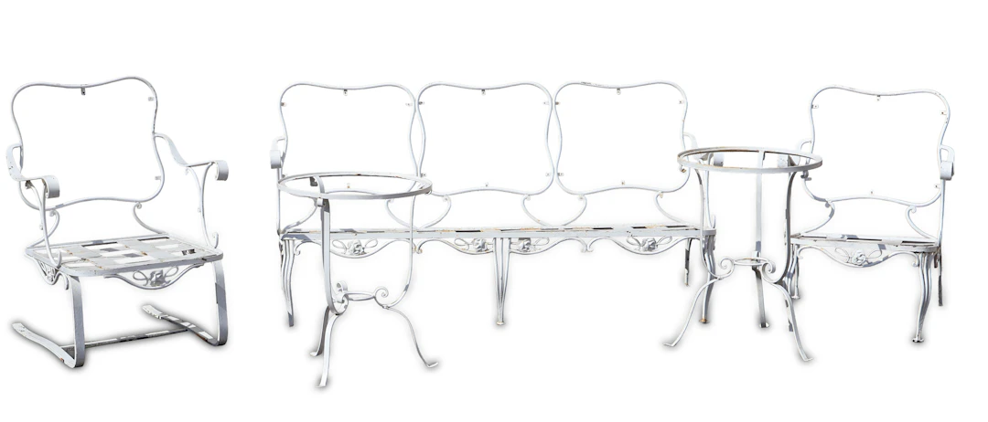 Suite of White Painted Cast-Aluminum Outdoor Furniture
