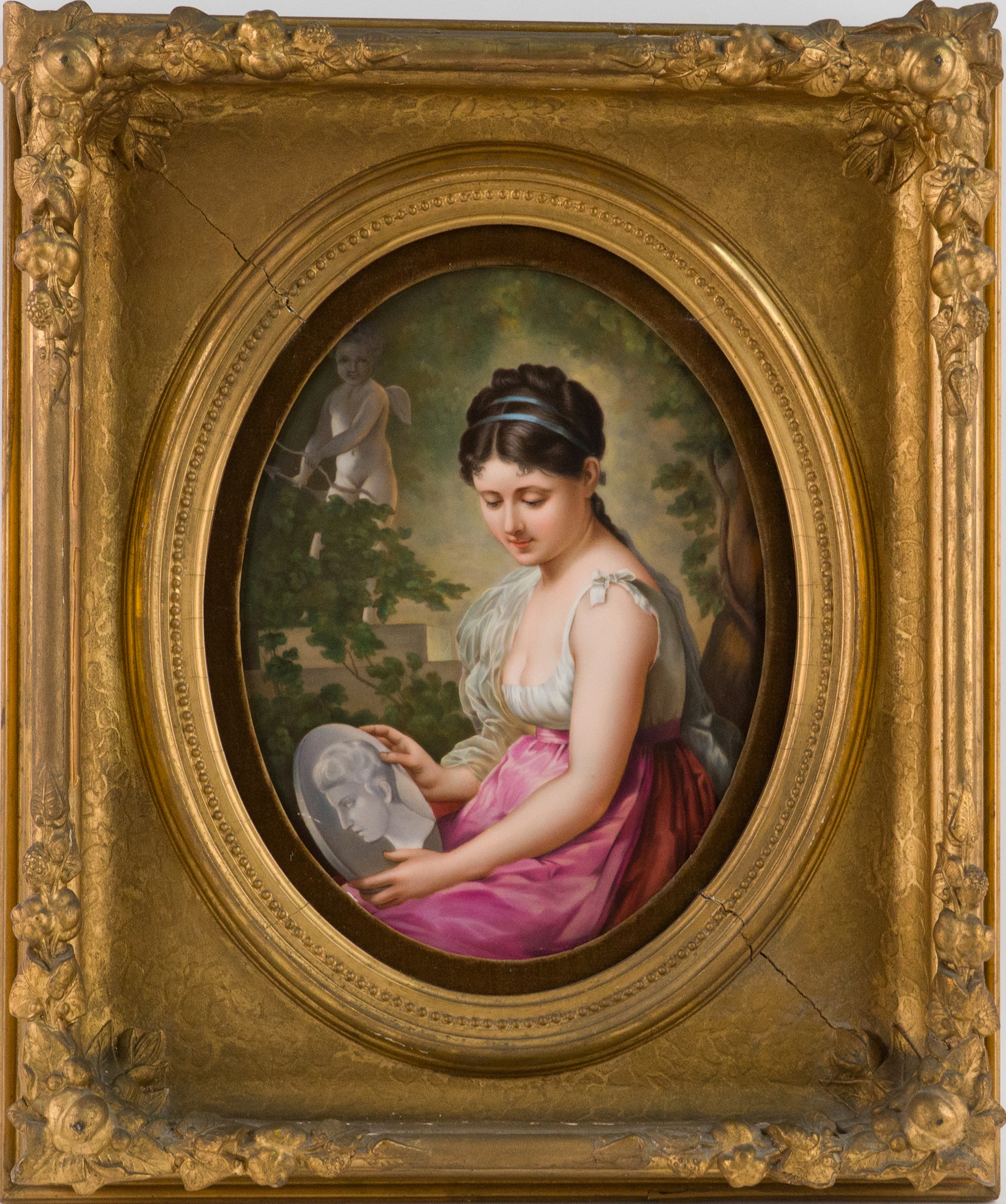 Painted Porcelain Plaque of a Woman Holding a Plaque