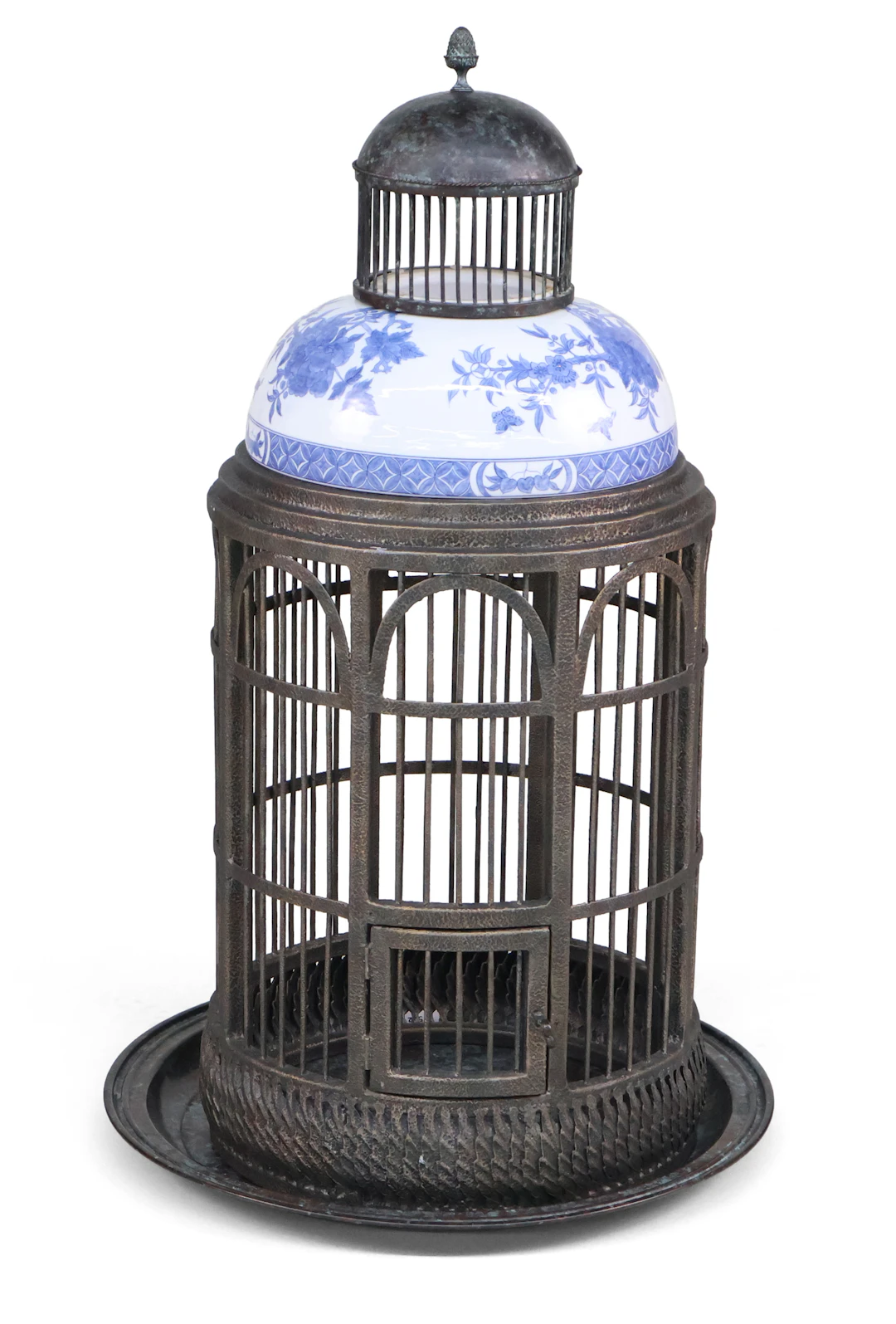 Patinated Metal and Ceramic Birdcage
