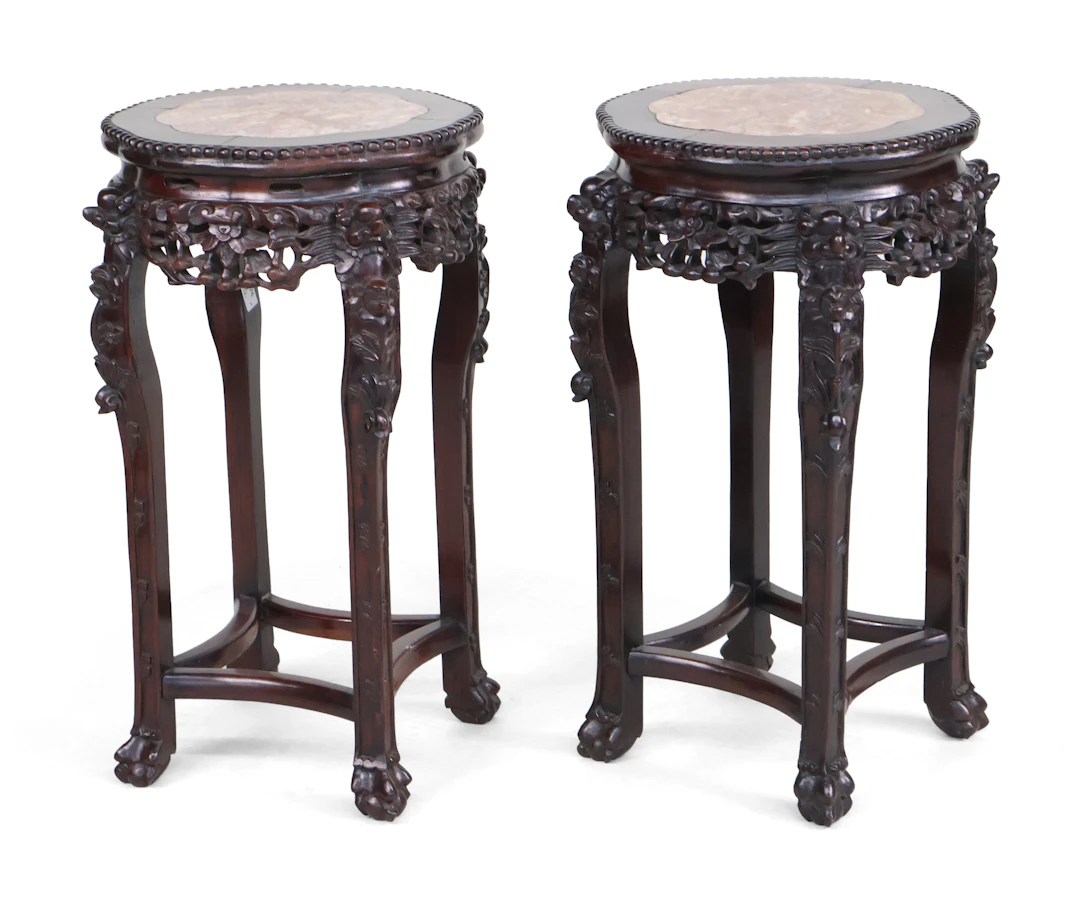 Pair of Chinese Marble Inset Hardwood Stands