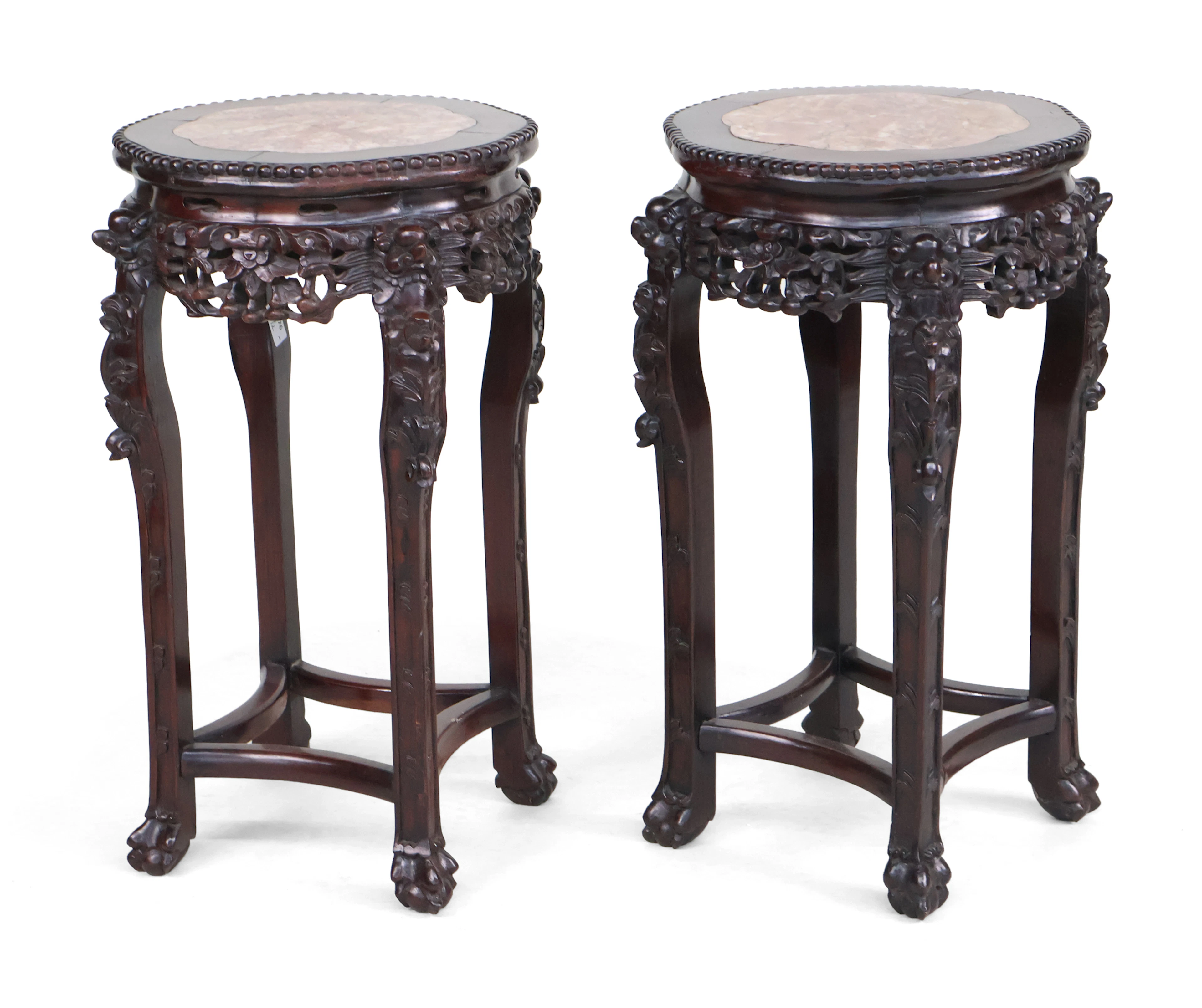 Pair of Chinese Marble Inset Hardwood Stands