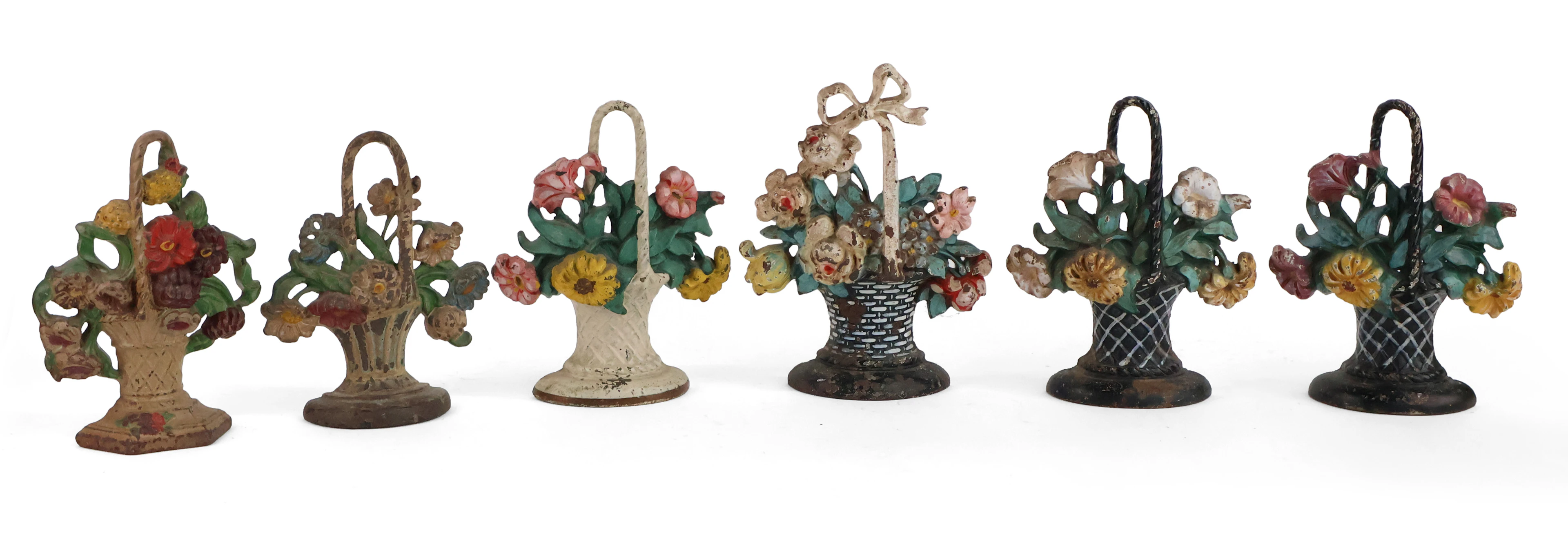Six Painted Cast-Iron Flower Basket Doorstops