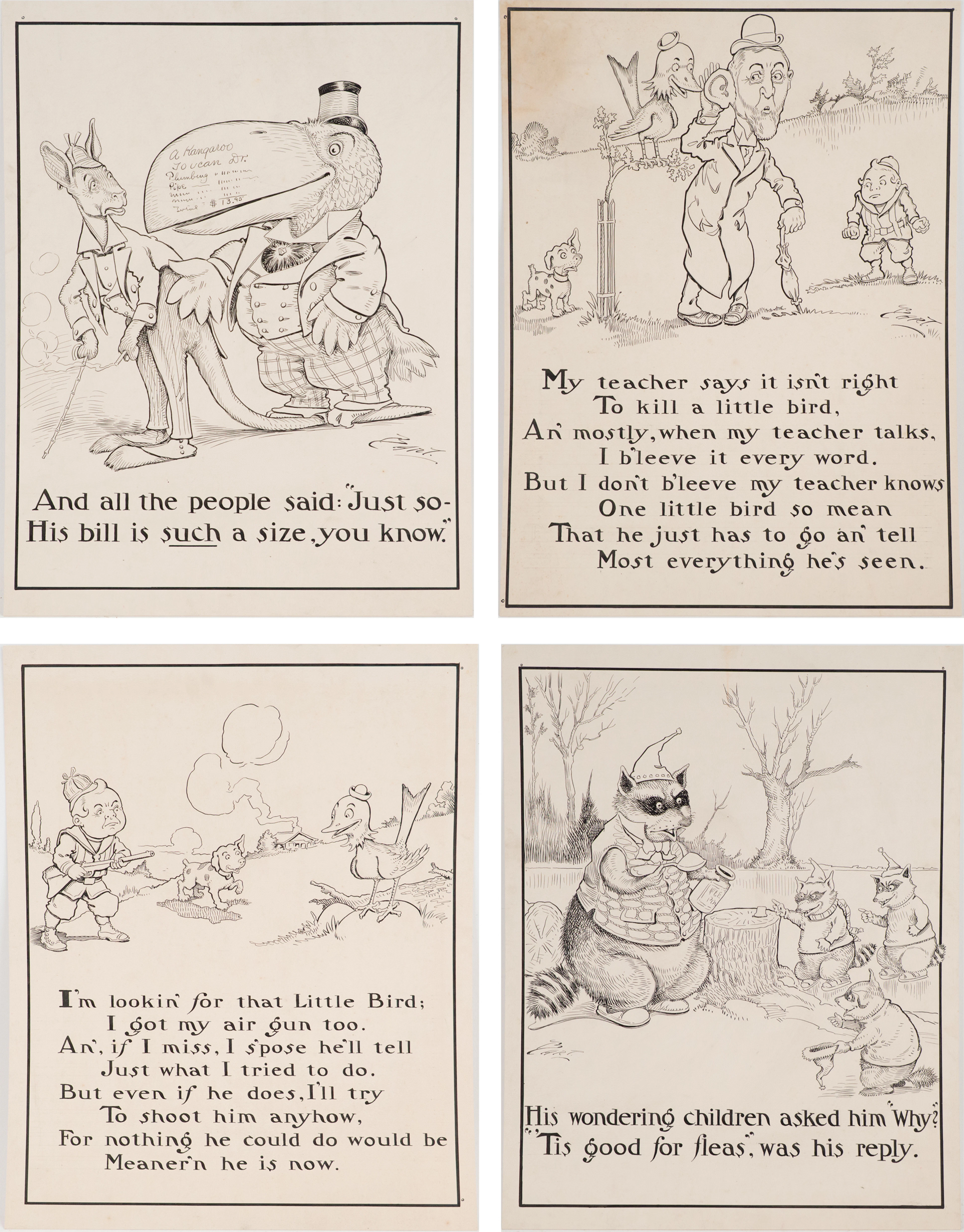 Charles L Bartholomew, American 1860-1949, Four Illustrations, Ink on Cardstock