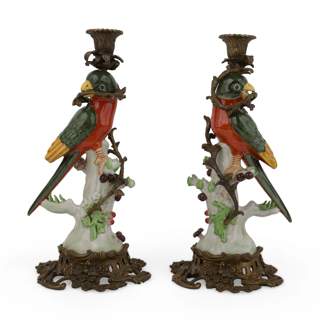 Pair of Chinese Metal Mounted Porcelain Parrots