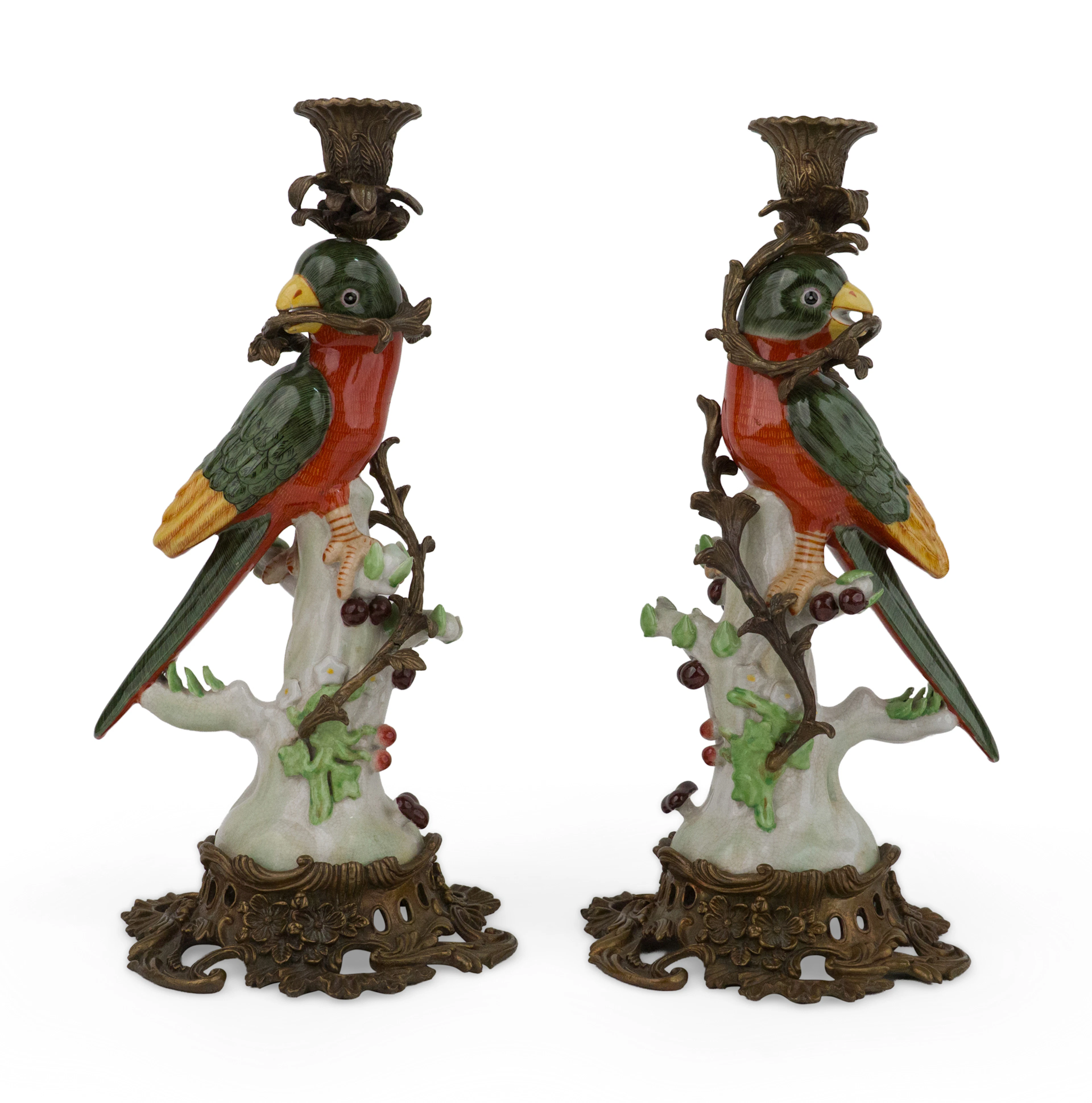 Pair of Chinese Metal Mounted Porcelain Parrots