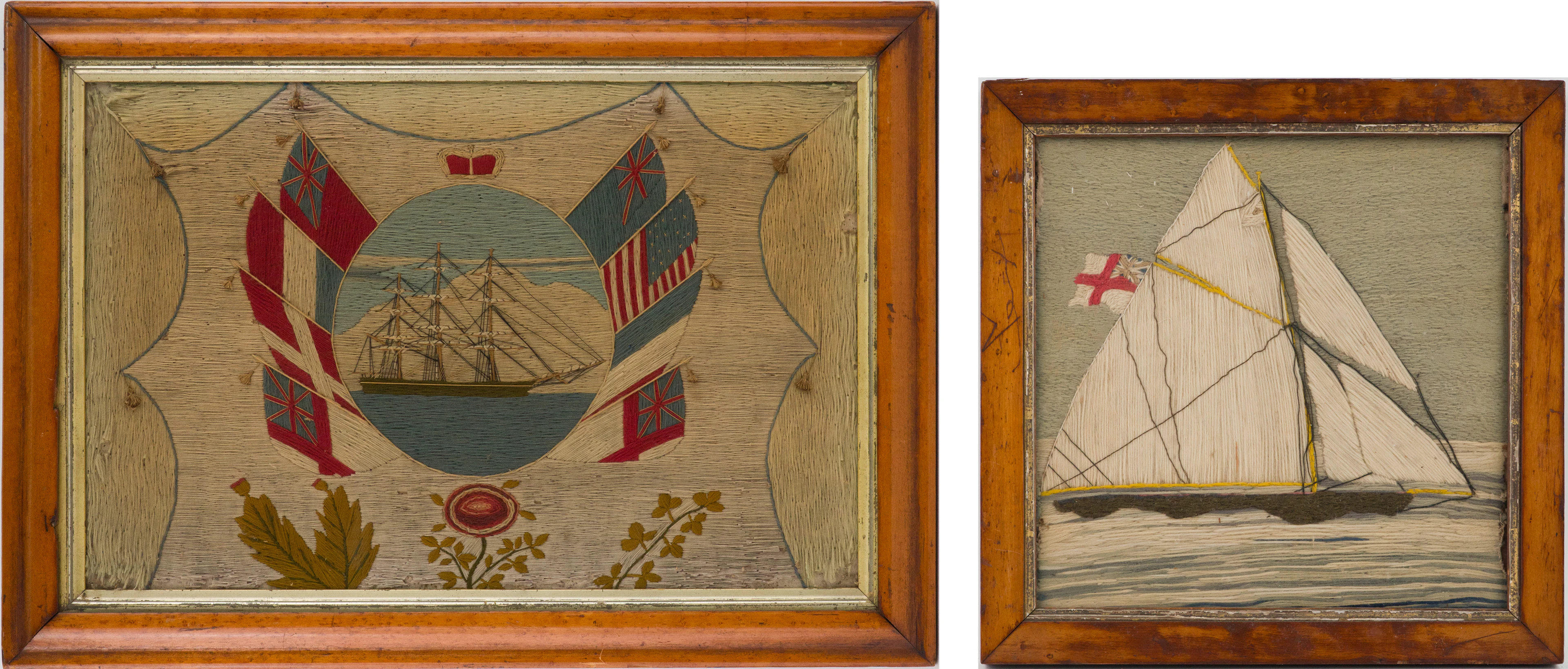 Two English Woolwork Maritime Scenes