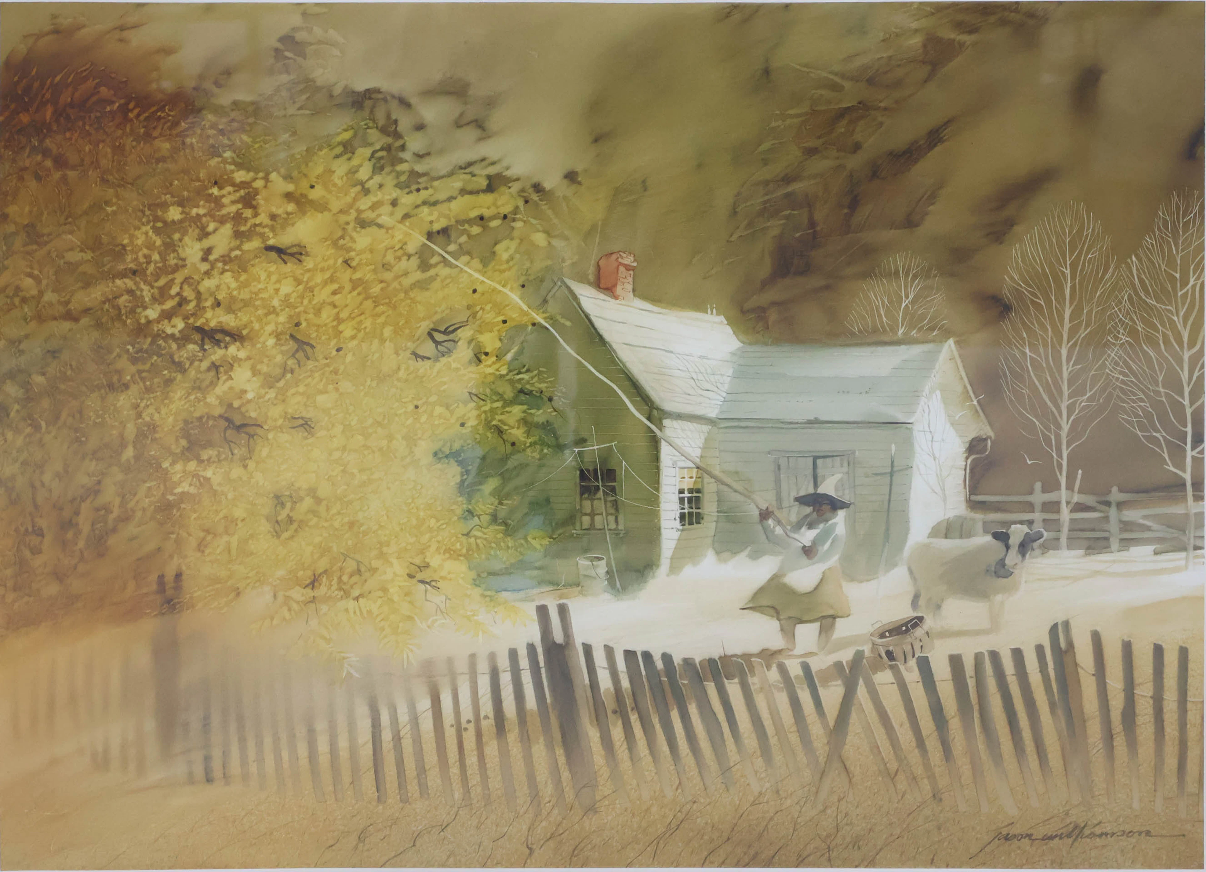 Jason Williamson, 1926, Woman and Cow on Farm, Watercolor on Paper