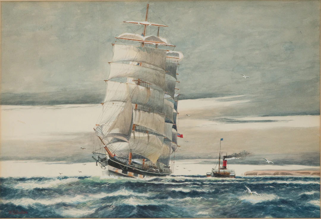 W.H. Baker, Clipper Ship and Tugboat, Watercolor and Gouache