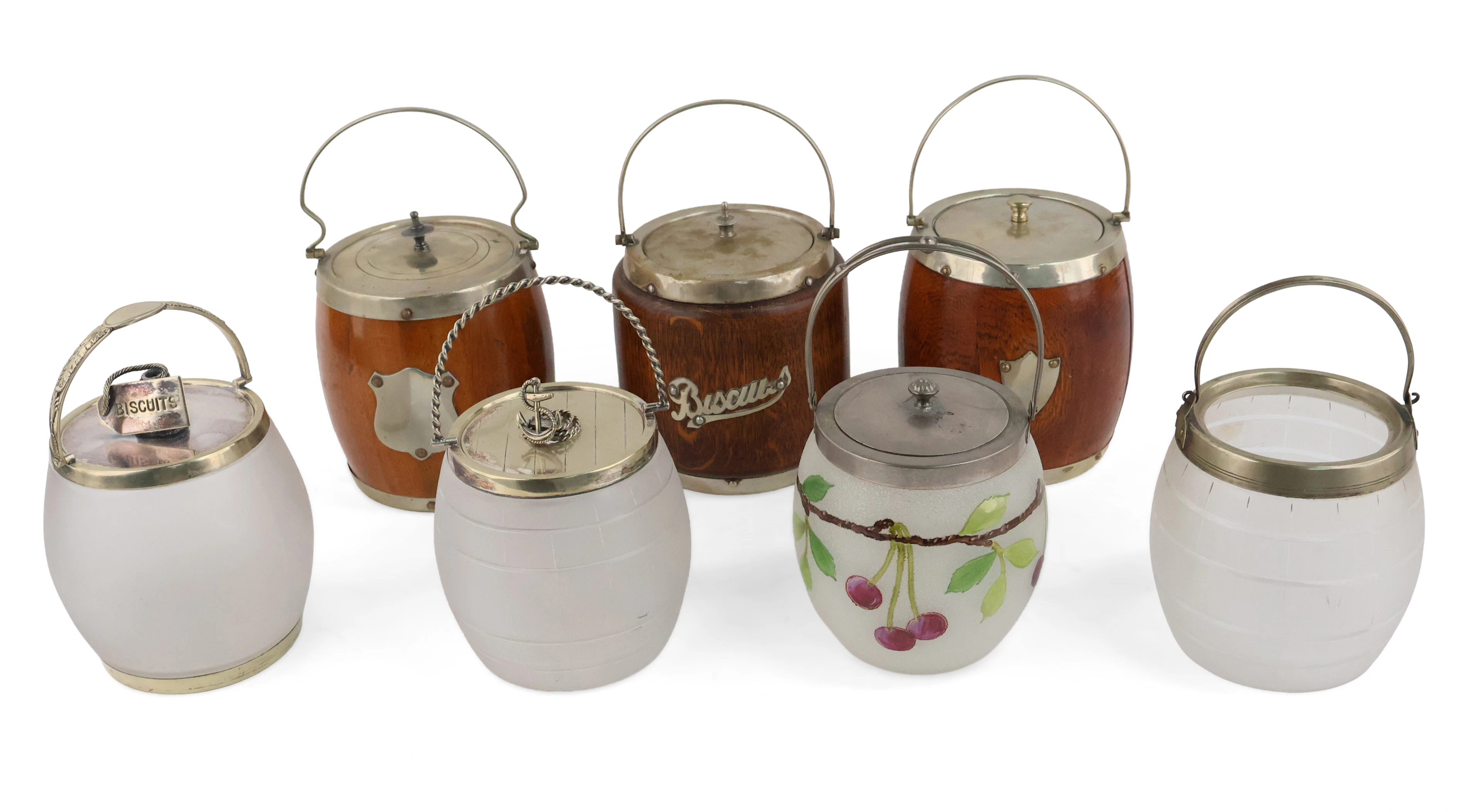 Seven Oak and Glass Metal Mounted Biscuit Barrels