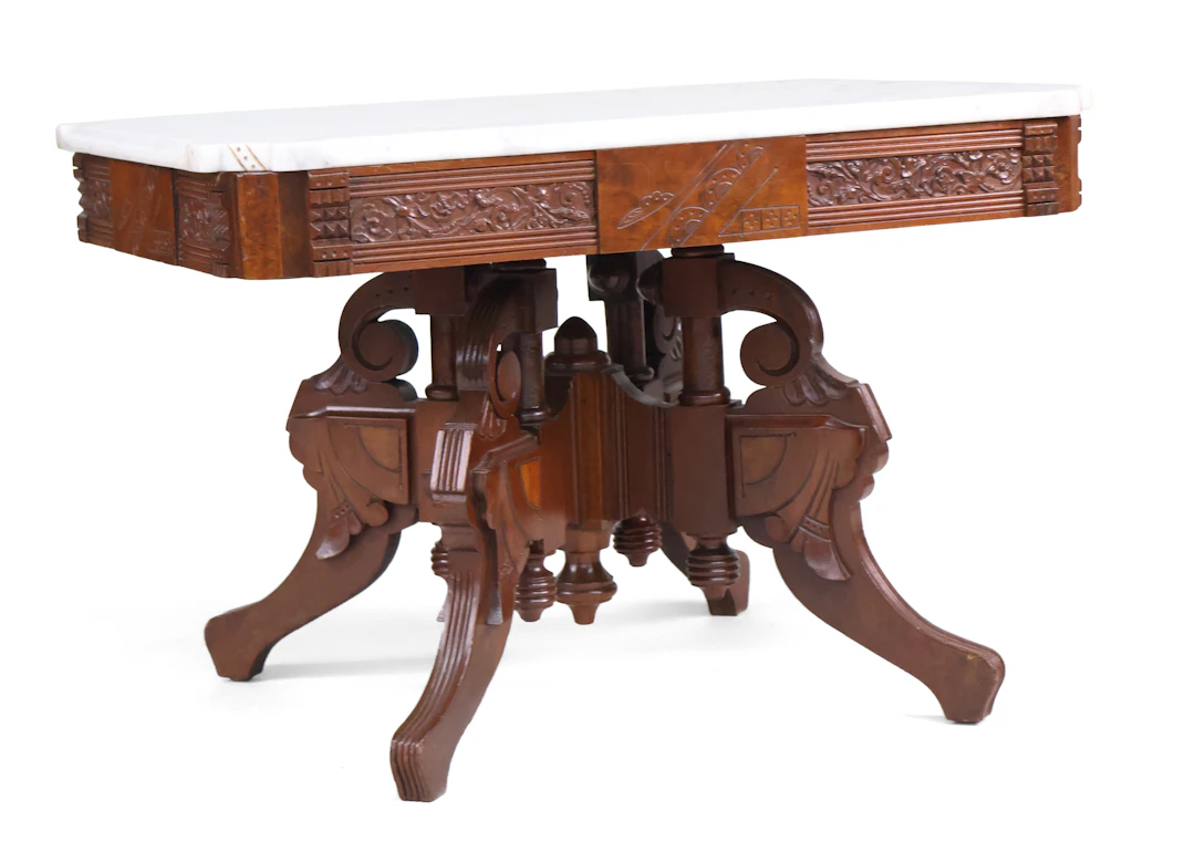 Victorian Marble Top Carved Mahogany Side Table