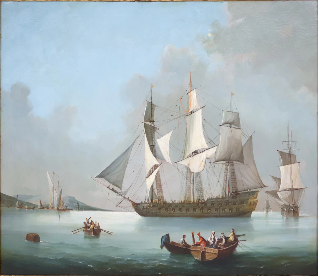 Clipper Ships In a Harbor, Oil on Canvas