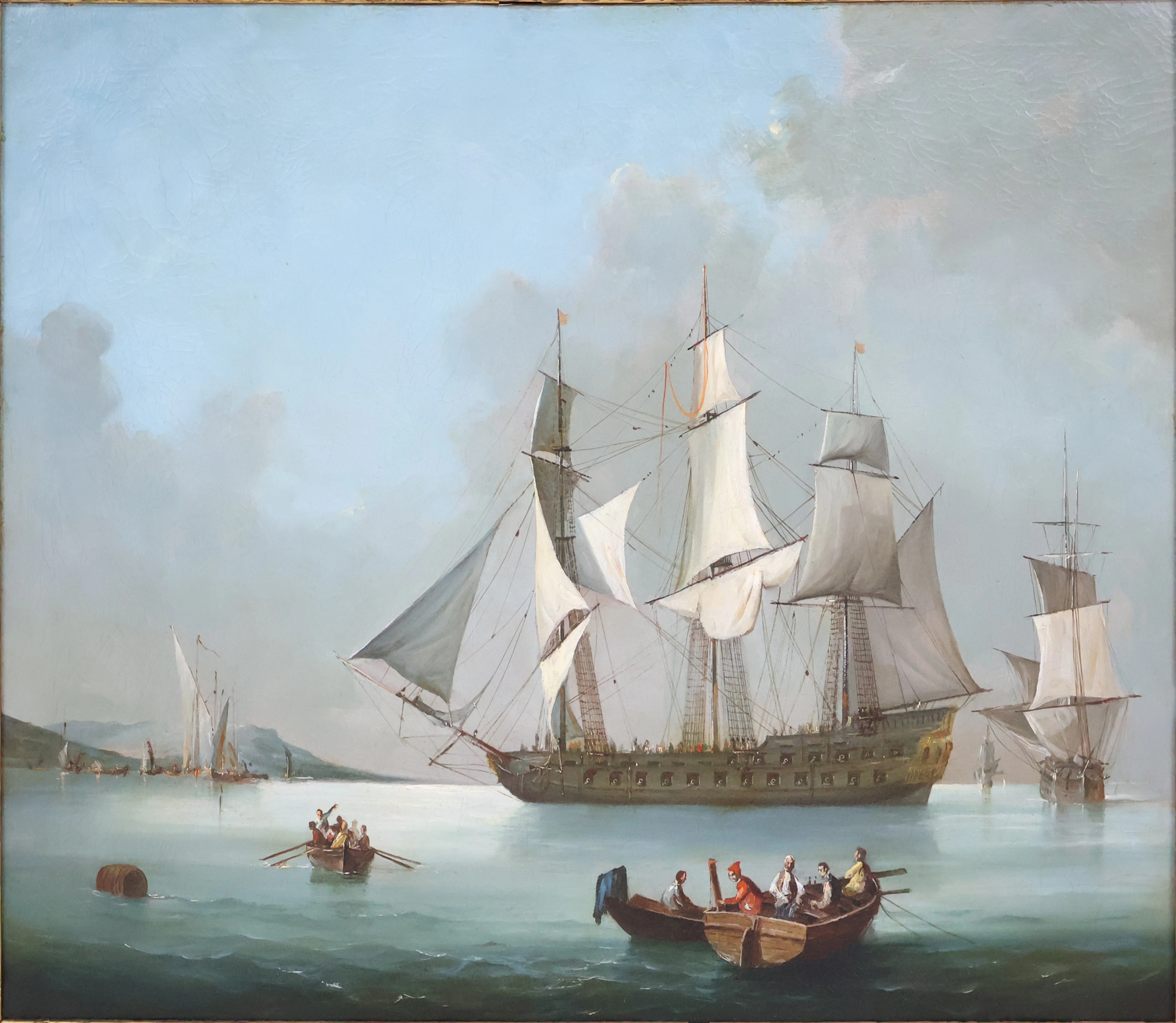 Clipper Ships In a Harbor, Oil on Canvas