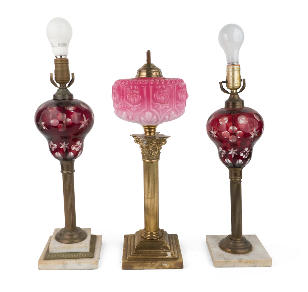 Three Brass and Glass Fluid Lamps