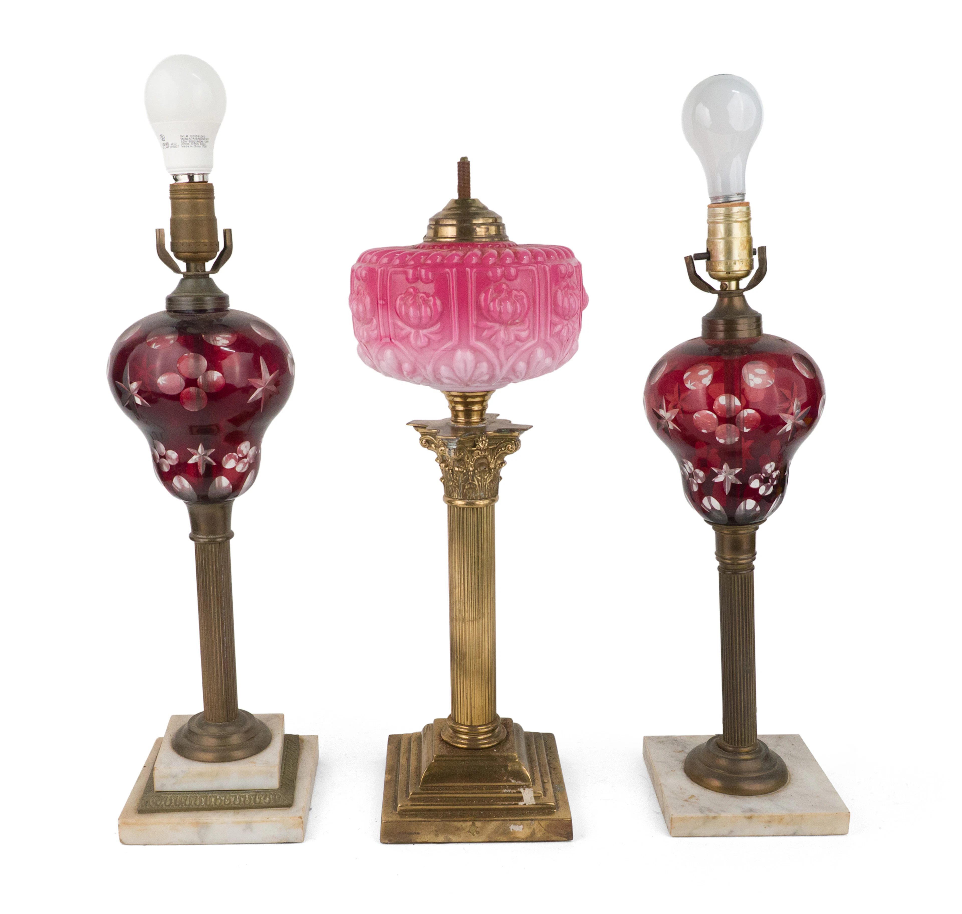 Three Brass and Glass Fluid Lamps