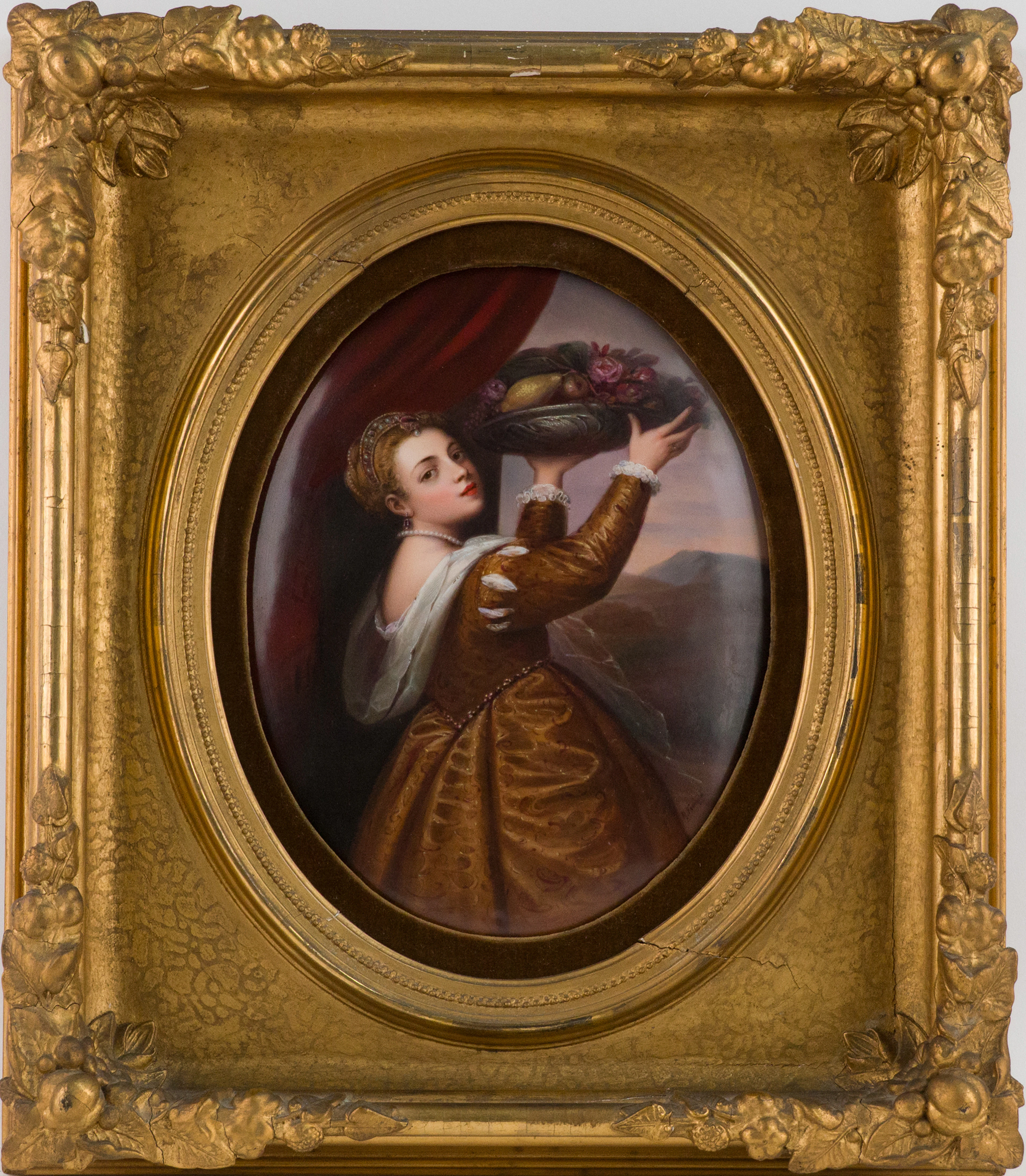Painted Porcelain Plaque of "Girl with a Platter of Fruit" After Titian