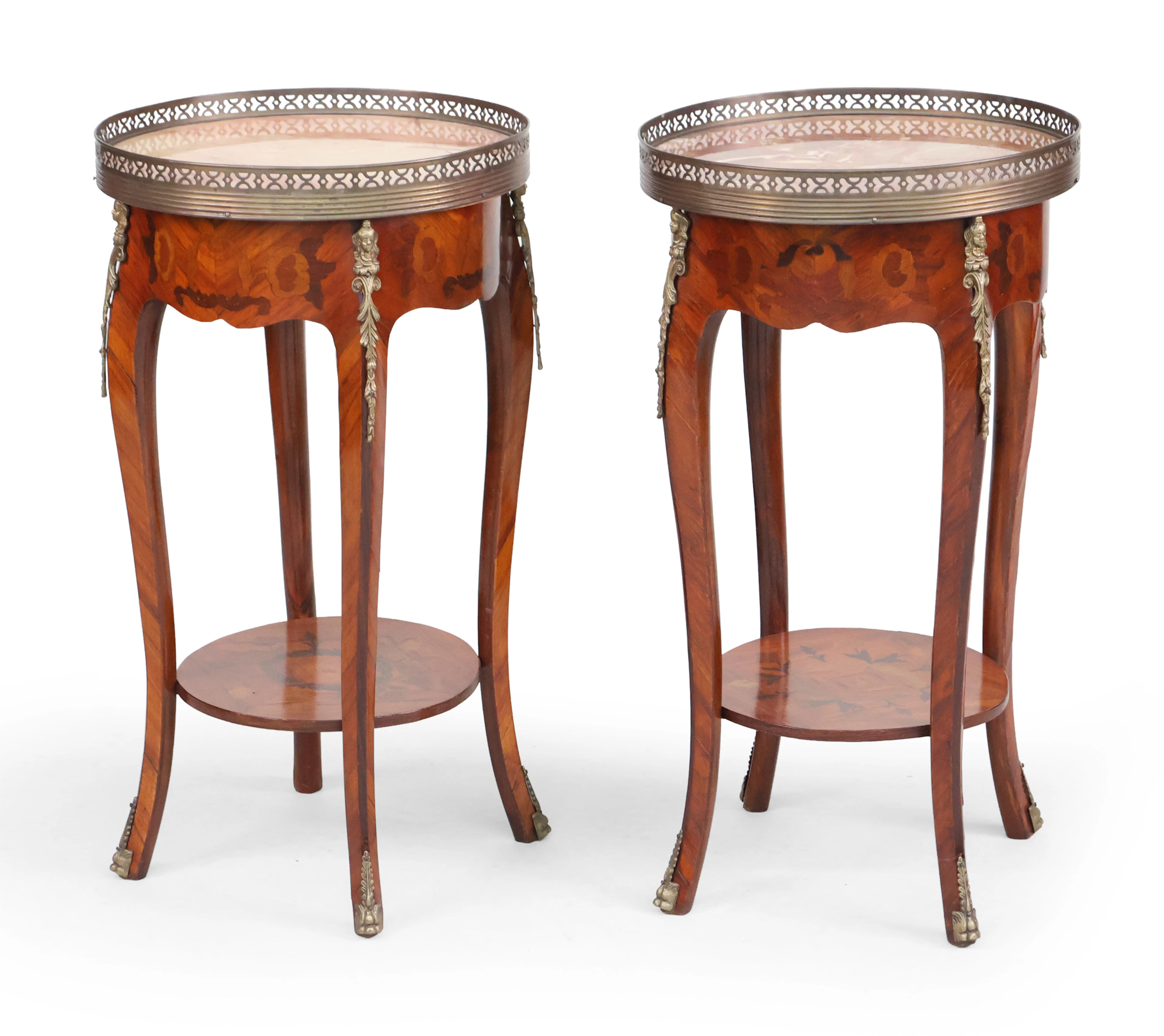 Pair of Louis XV Style Marquetry Inlaid Marble Top Gueridons