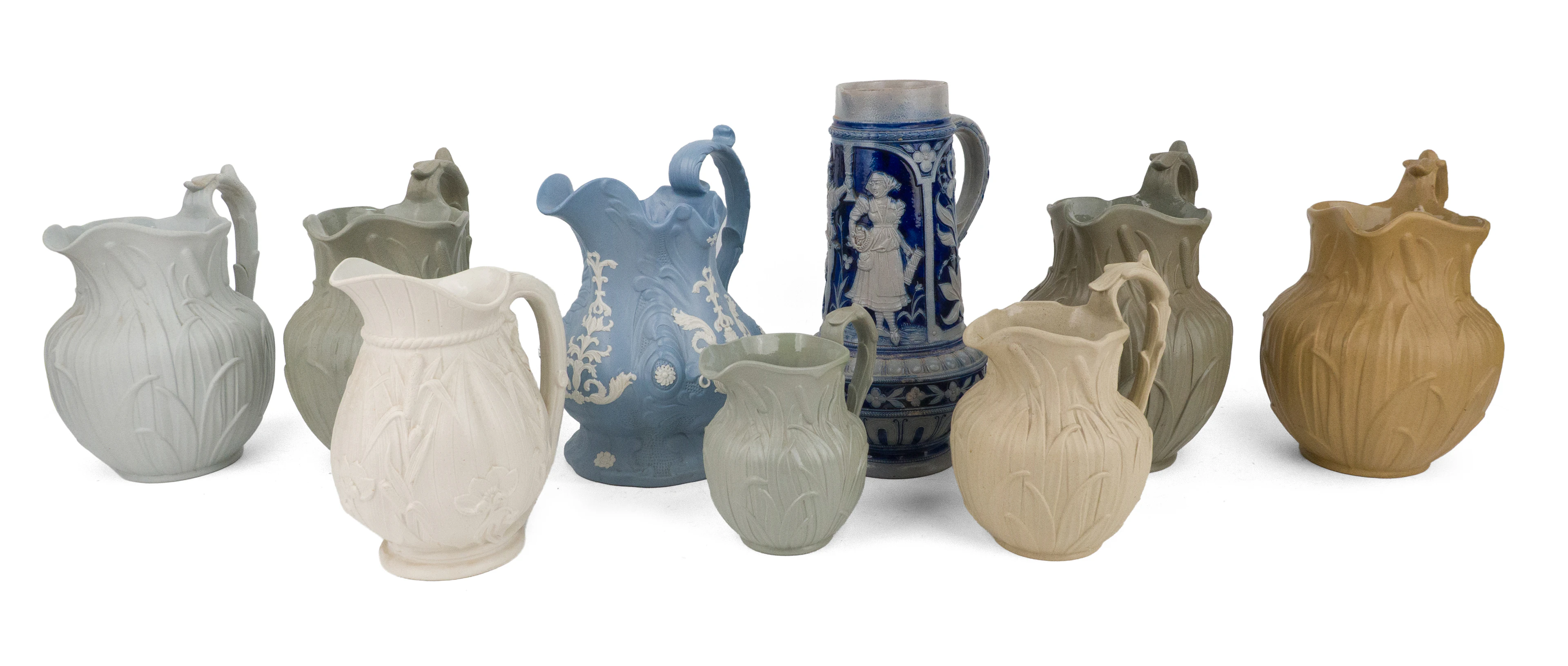 Five Ridgeway Molded Stoneware Cattails Pitchers