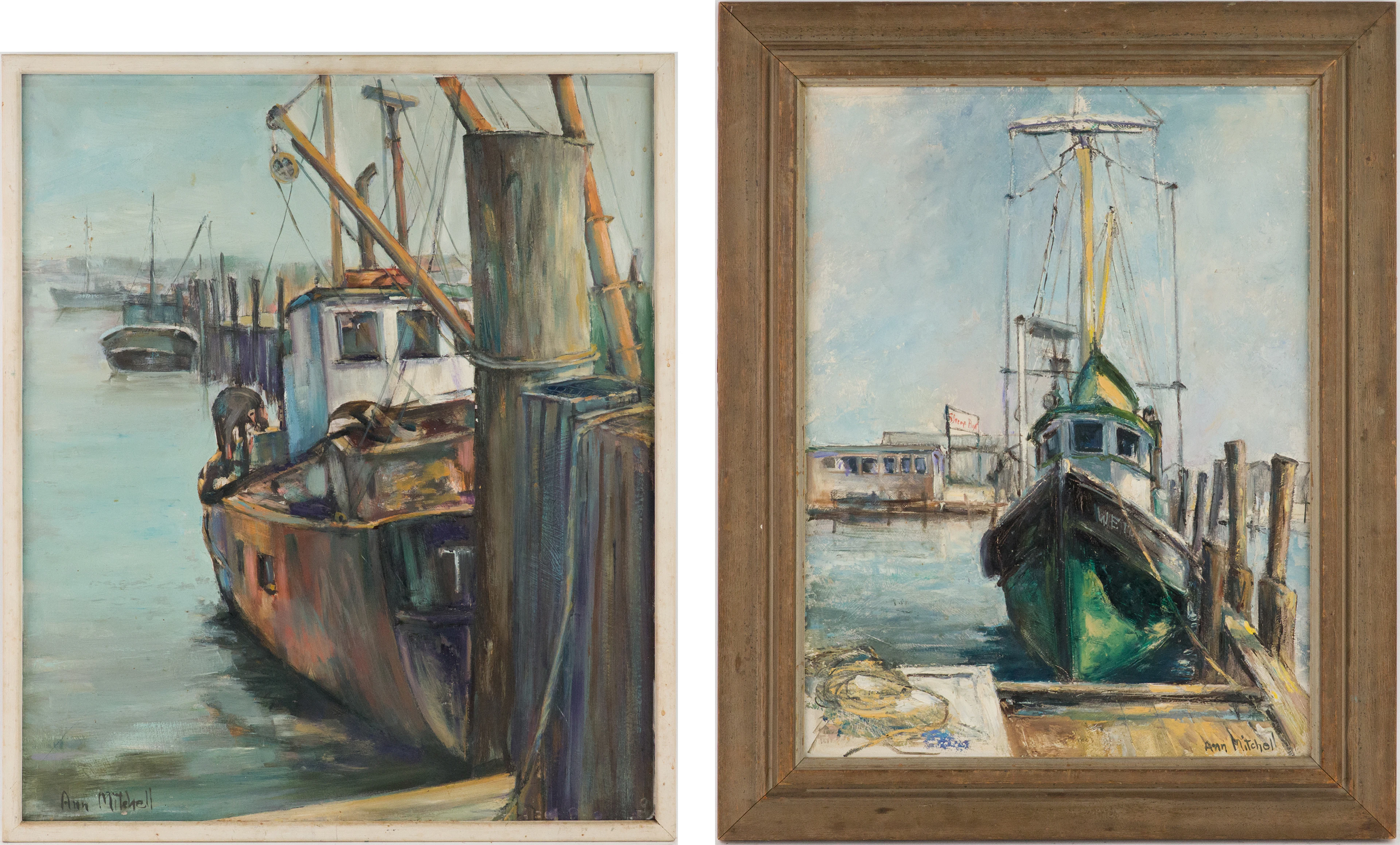 Ann Mitchell, Two Fishing Dock Scenes, Oil on Masonite