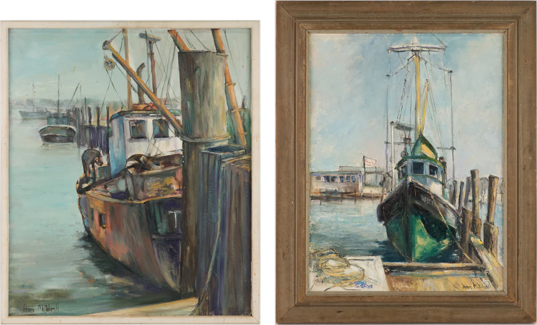 Ann Mitchell, Two Fishing Dock Scenes, Oil on Masonite