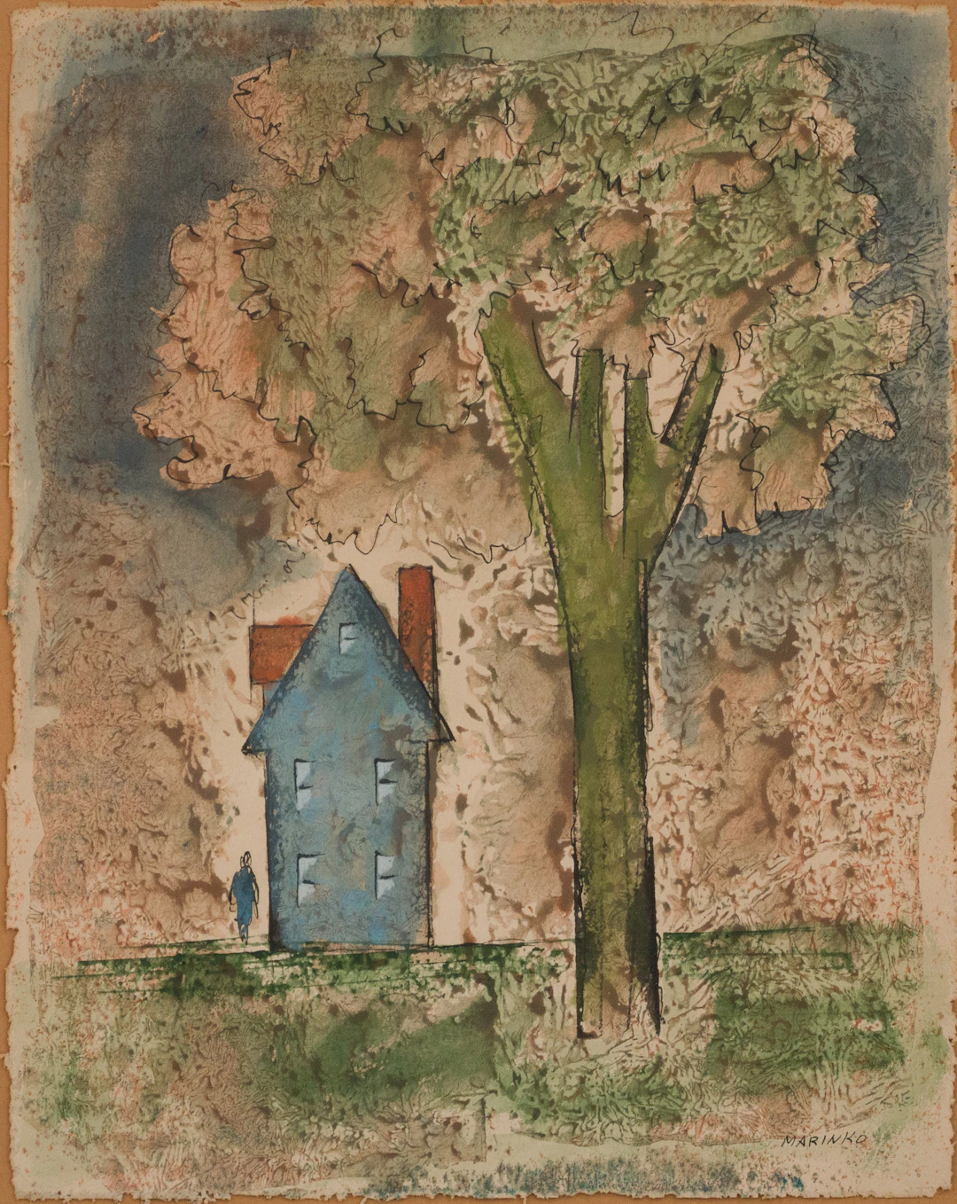 George J Marinko, 1908-1989, House with Tree, Mixed Media