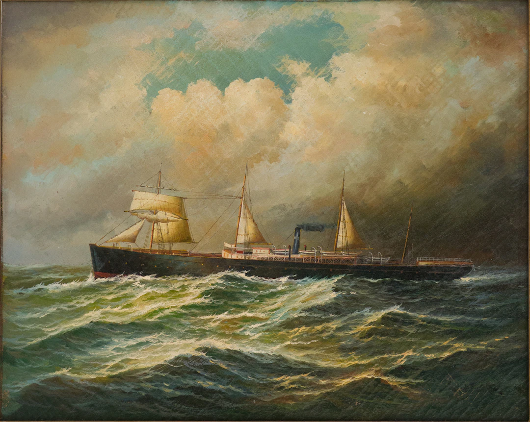 Maritime Portrait of a Steam and Sail Ship, Oil on Masonite