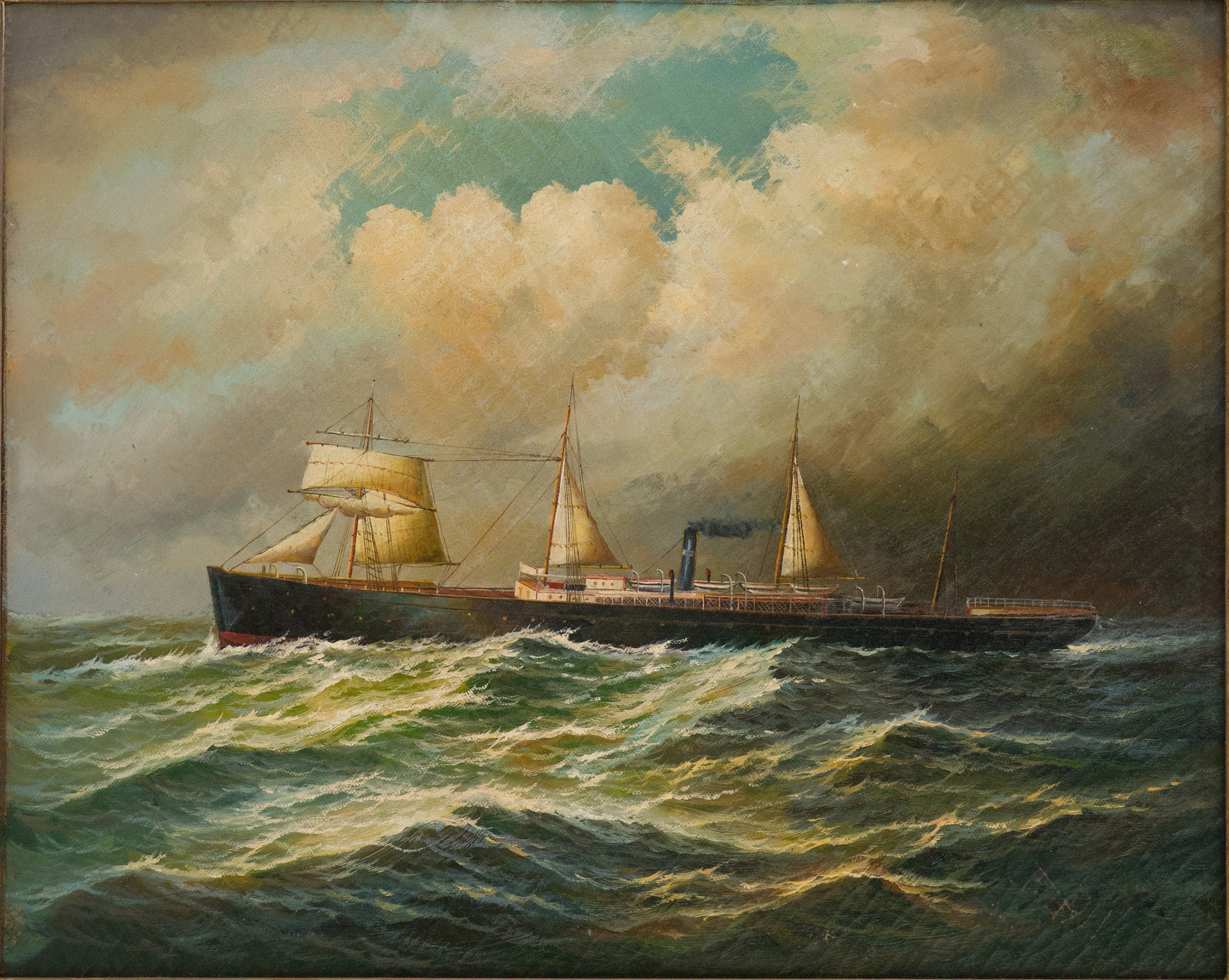 Maritime Portrait of a Steam and Sail Ship, Oil on Masonite