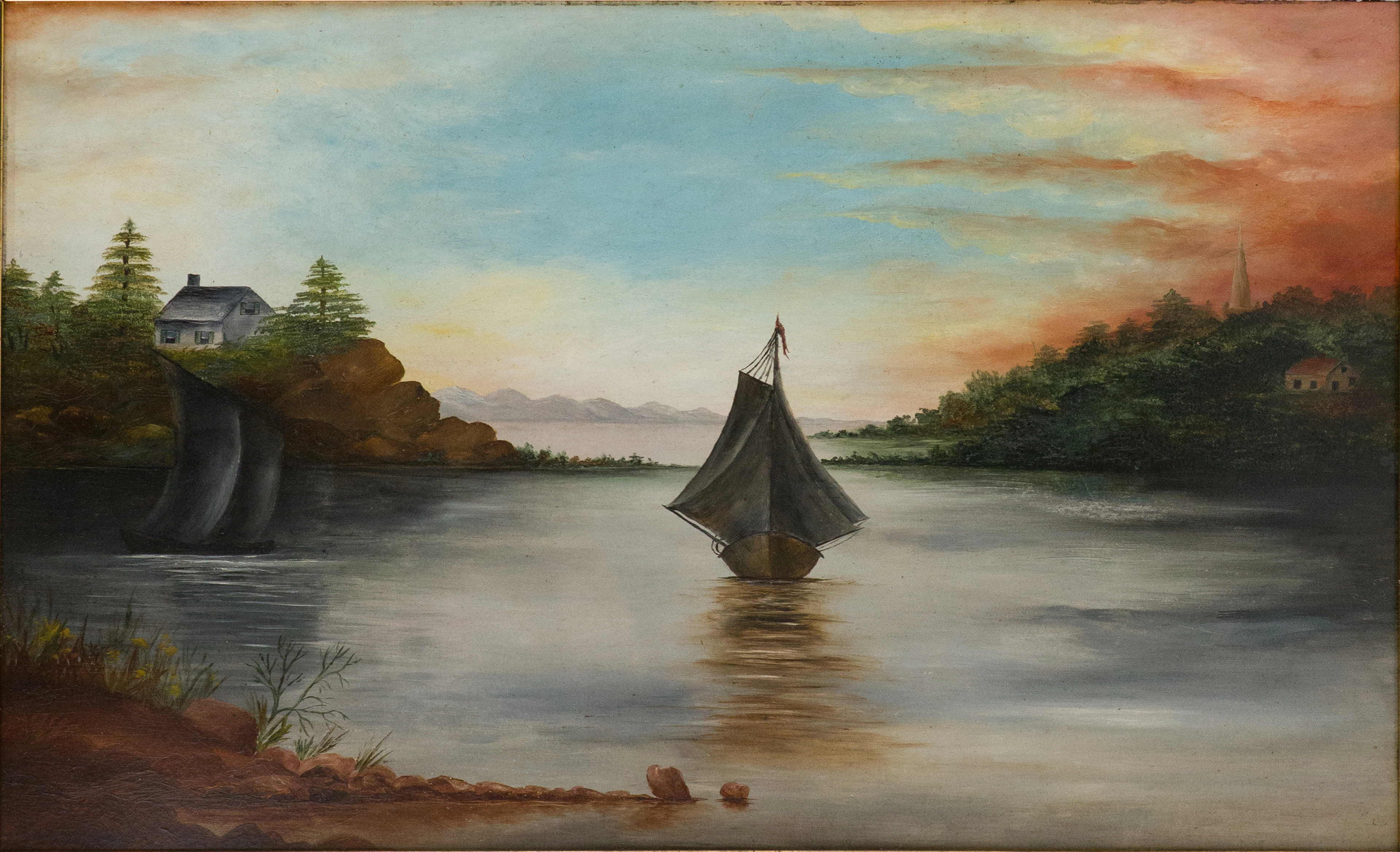 Sailboats on a Lake, Oil on Board