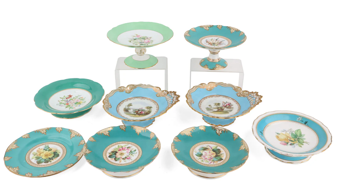 Nine Floral-Decorated Porcelain Compotes and Plates