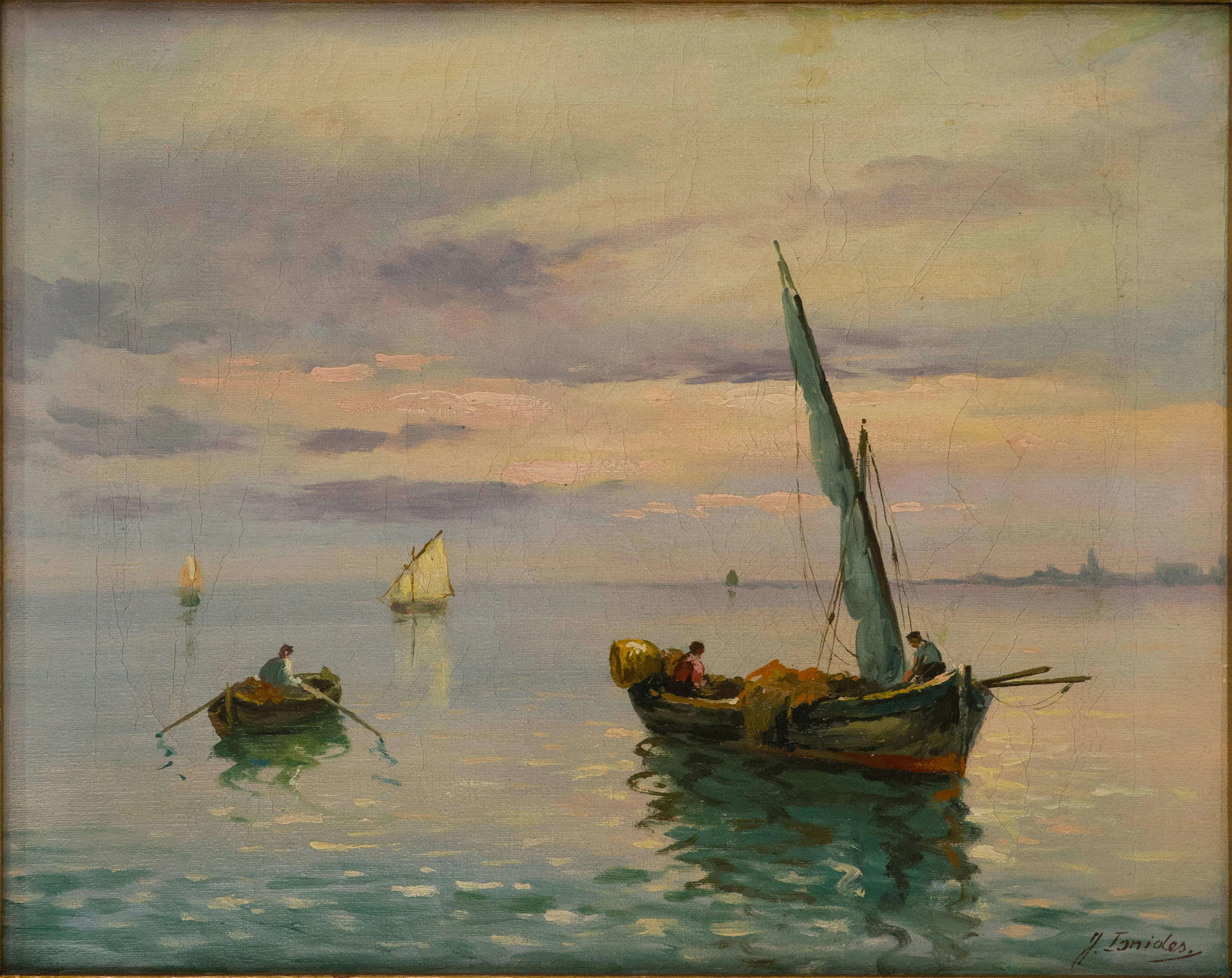 J. Ignides, Fishing Boats on Water, Oil on Canvas