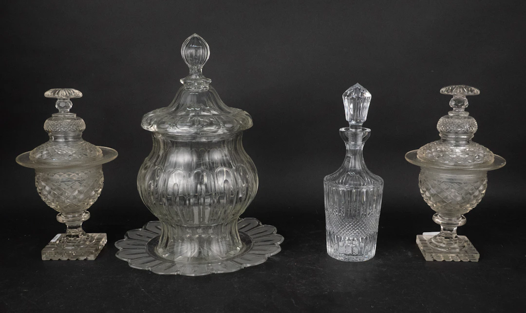 Colorless Molded Glass Punch Bowl with Lid and Underplate