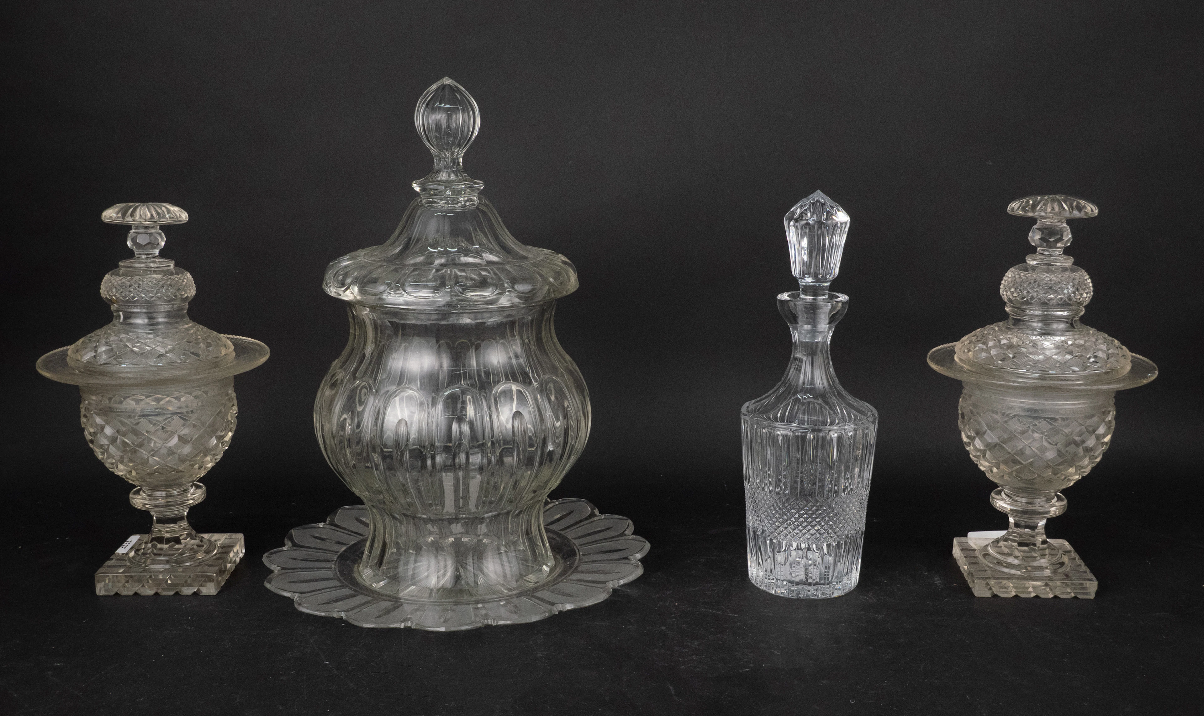 Colorless Molded Glass Punch Bowl with Lid and Underplate
