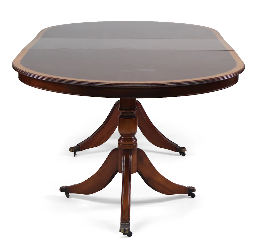 Regency Style Inlaid Mahogany Double Pedestal Dining Table