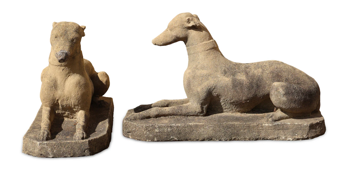 Pair of Cast Stone Recumbent Whippets