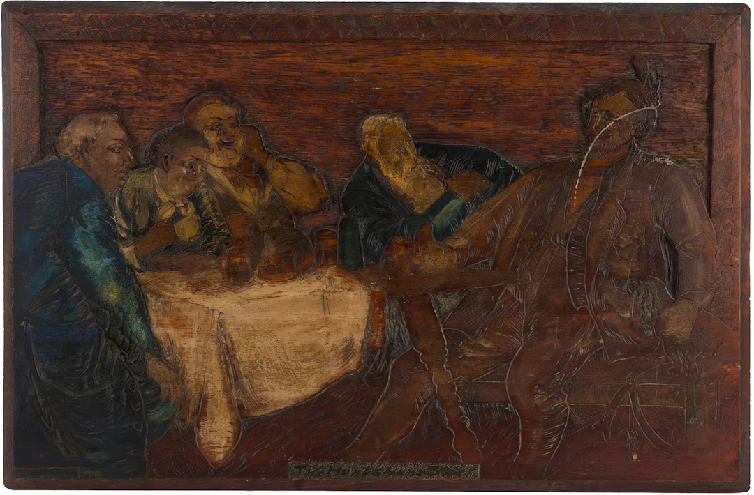 Carved and Painted Wood Panel, "The Huntsman's Story"