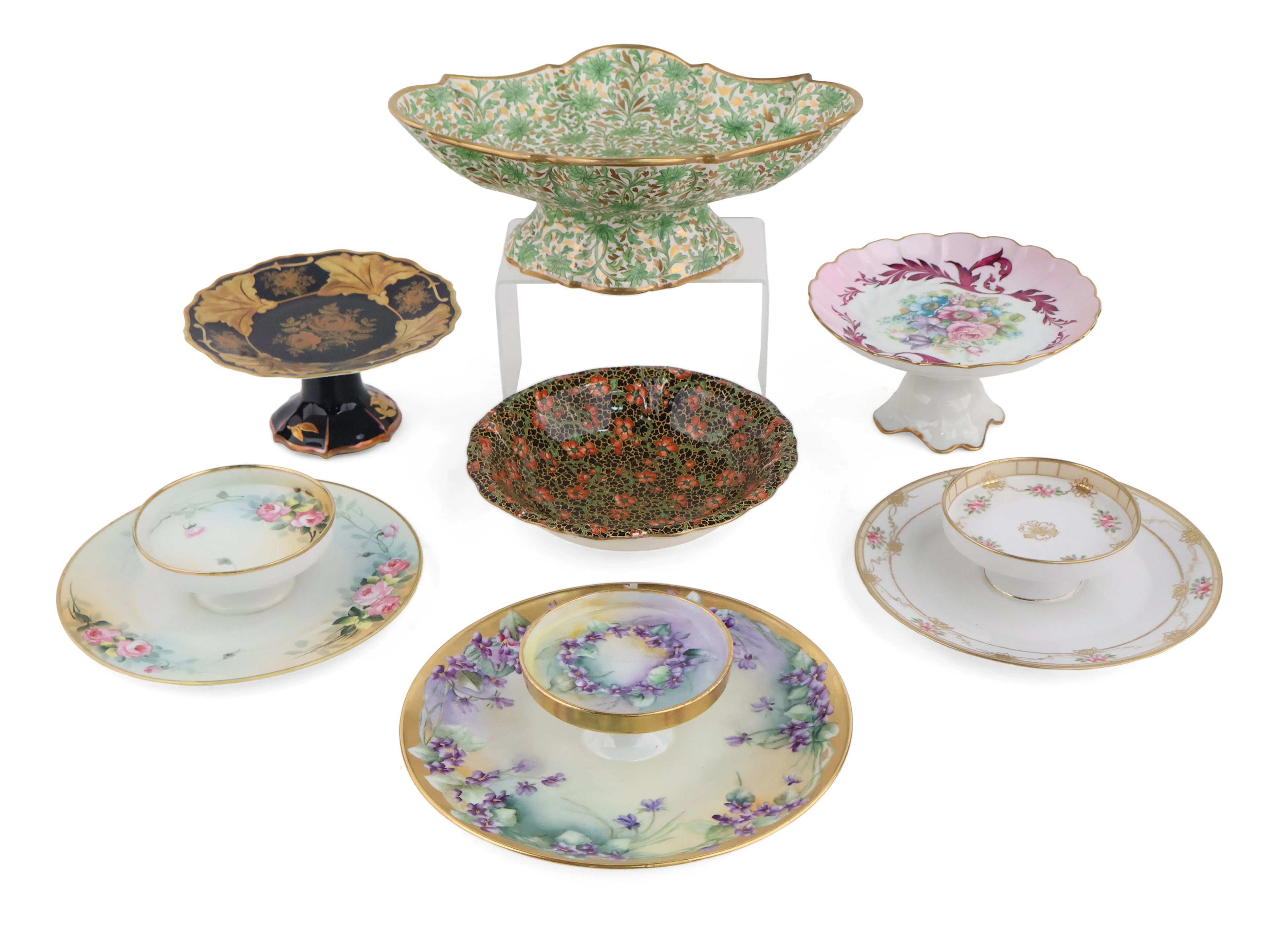 Three Floral Decorated Porcelain Cheese and Cracker Dishes