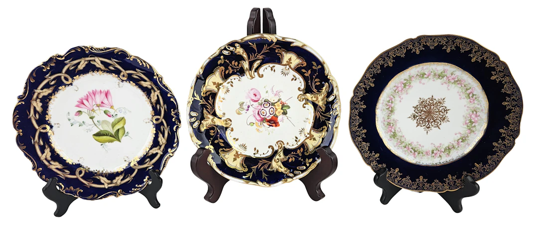 Three Sets of Floral, Cobalt, and Gilt Plates