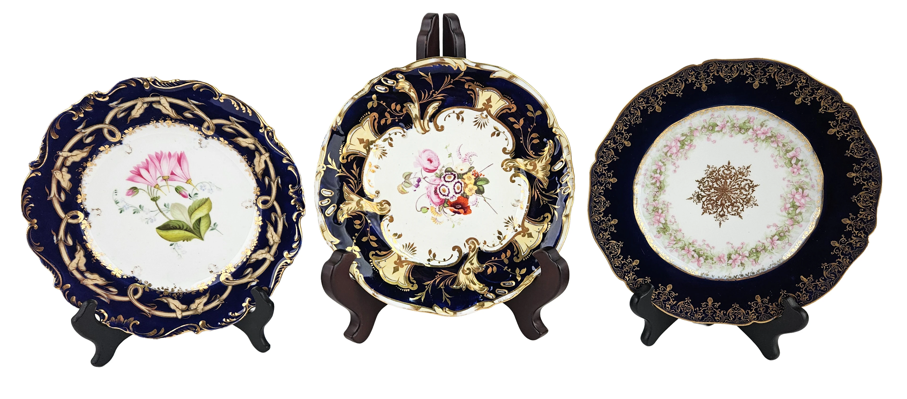 Three Sets of Floral, Cobalt, and Gilt Plates
