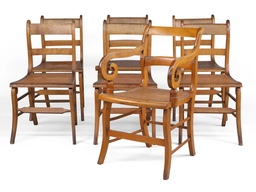 Seven Federal Maple and Cane Seat Dining Chairs