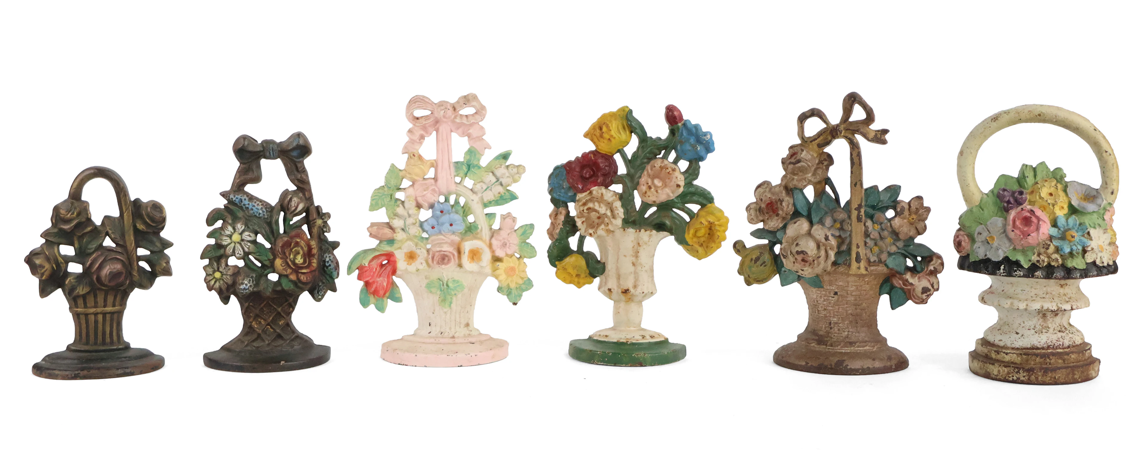 Six Painted Cast-Iron Flower Basket Doorstops