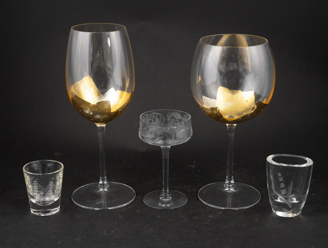 Eight Gold Leaf Decorated Wine Glasses