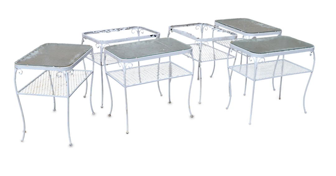 Six White Painted Cast-Aluminum Outdoor Side Tables