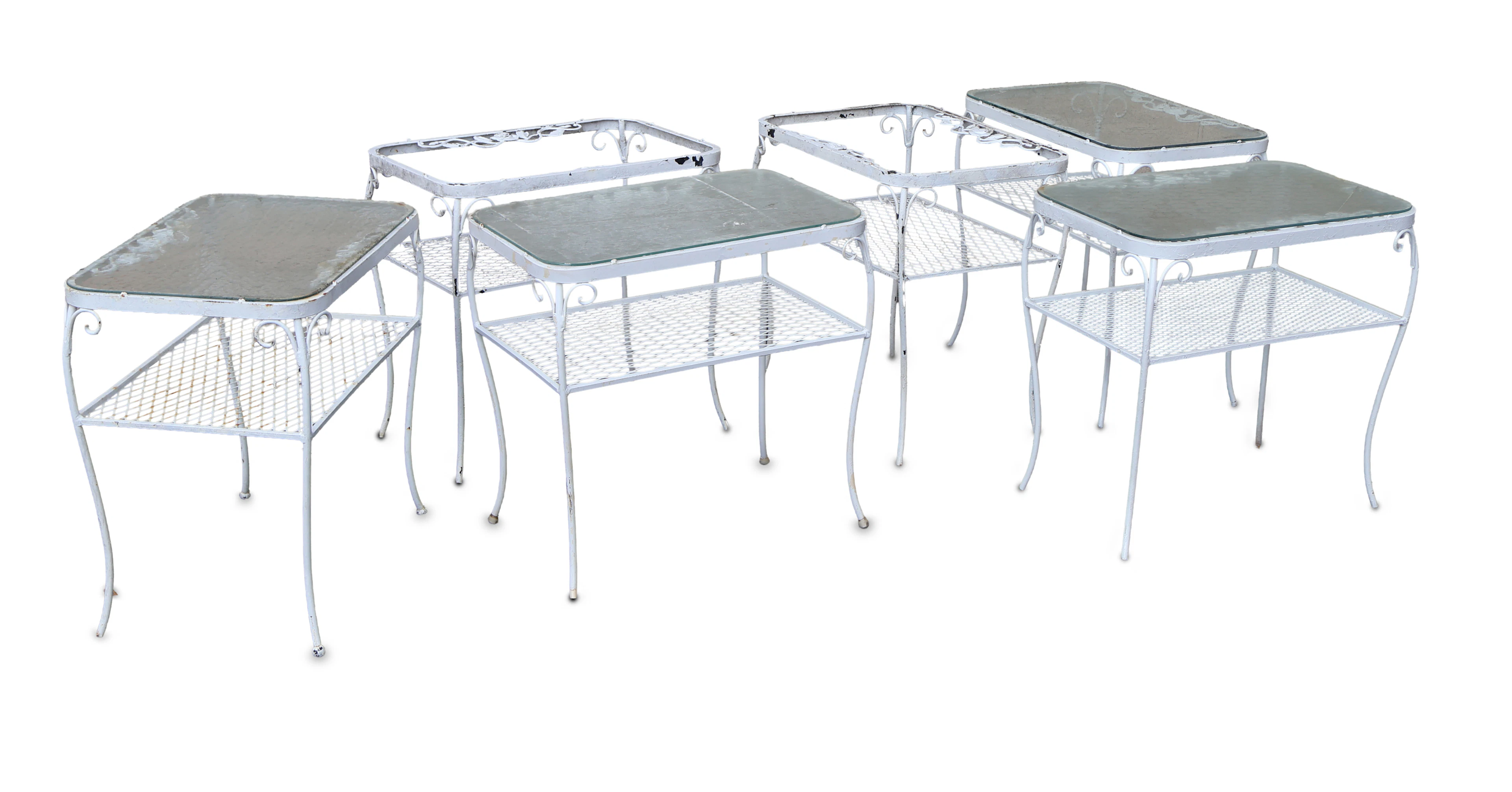 Six White Painted Cast-Aluminum Outdoor Side Tables
