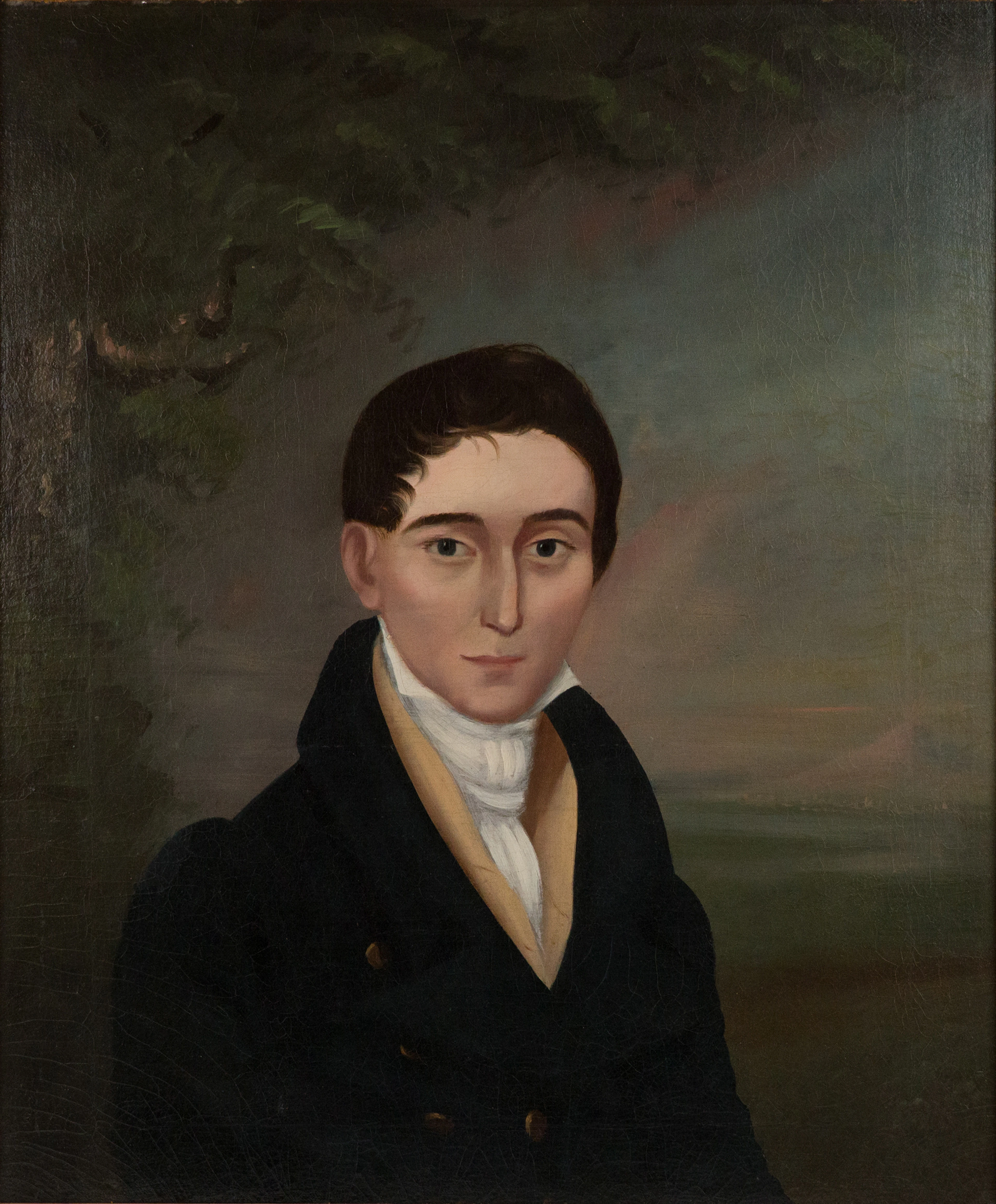 Folk Art Portrait of a Young Man, Oil on Canvas