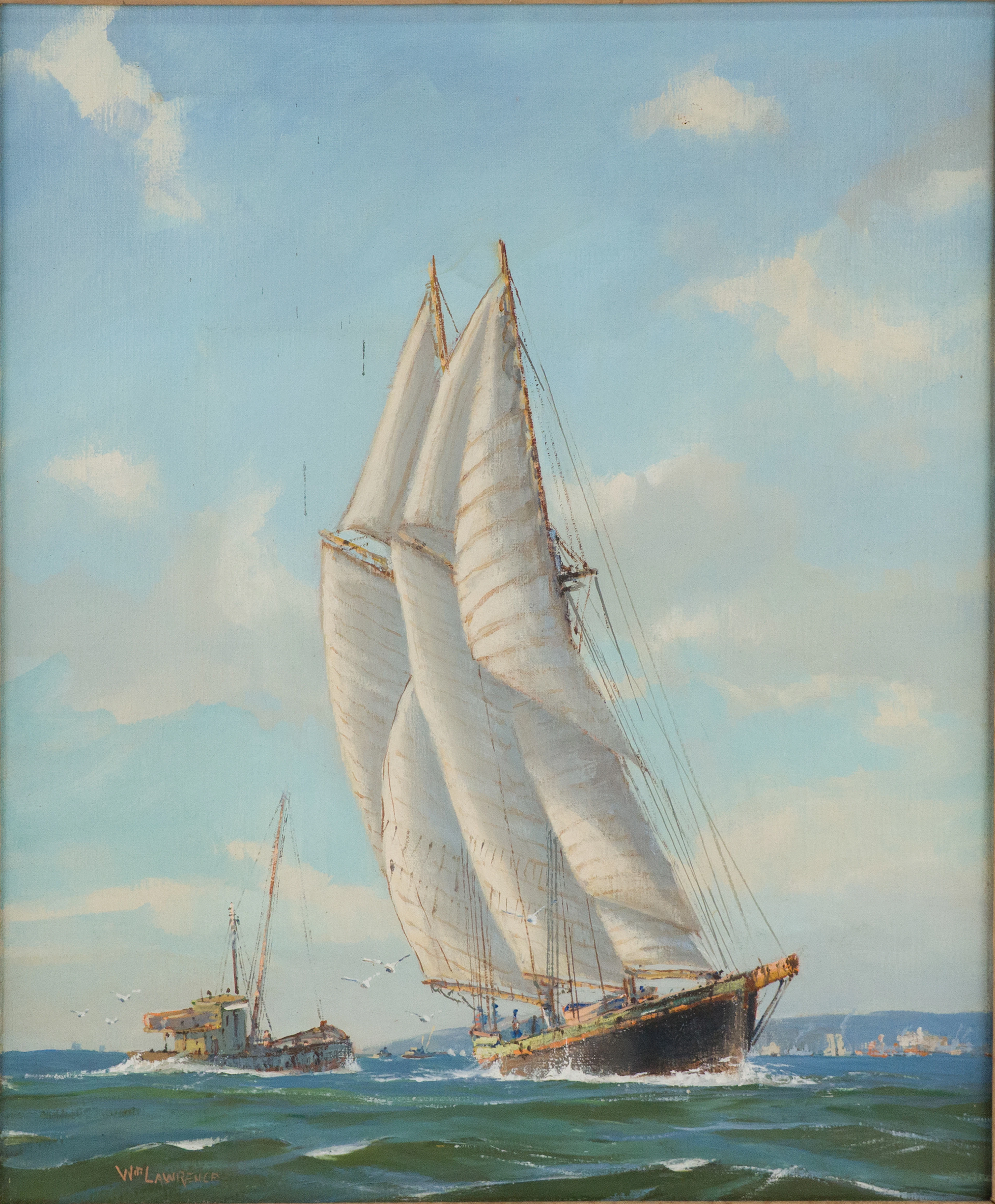 Hjalmar Amundsen, American 1911-2001, Sailboat and Tugboat in Harbor