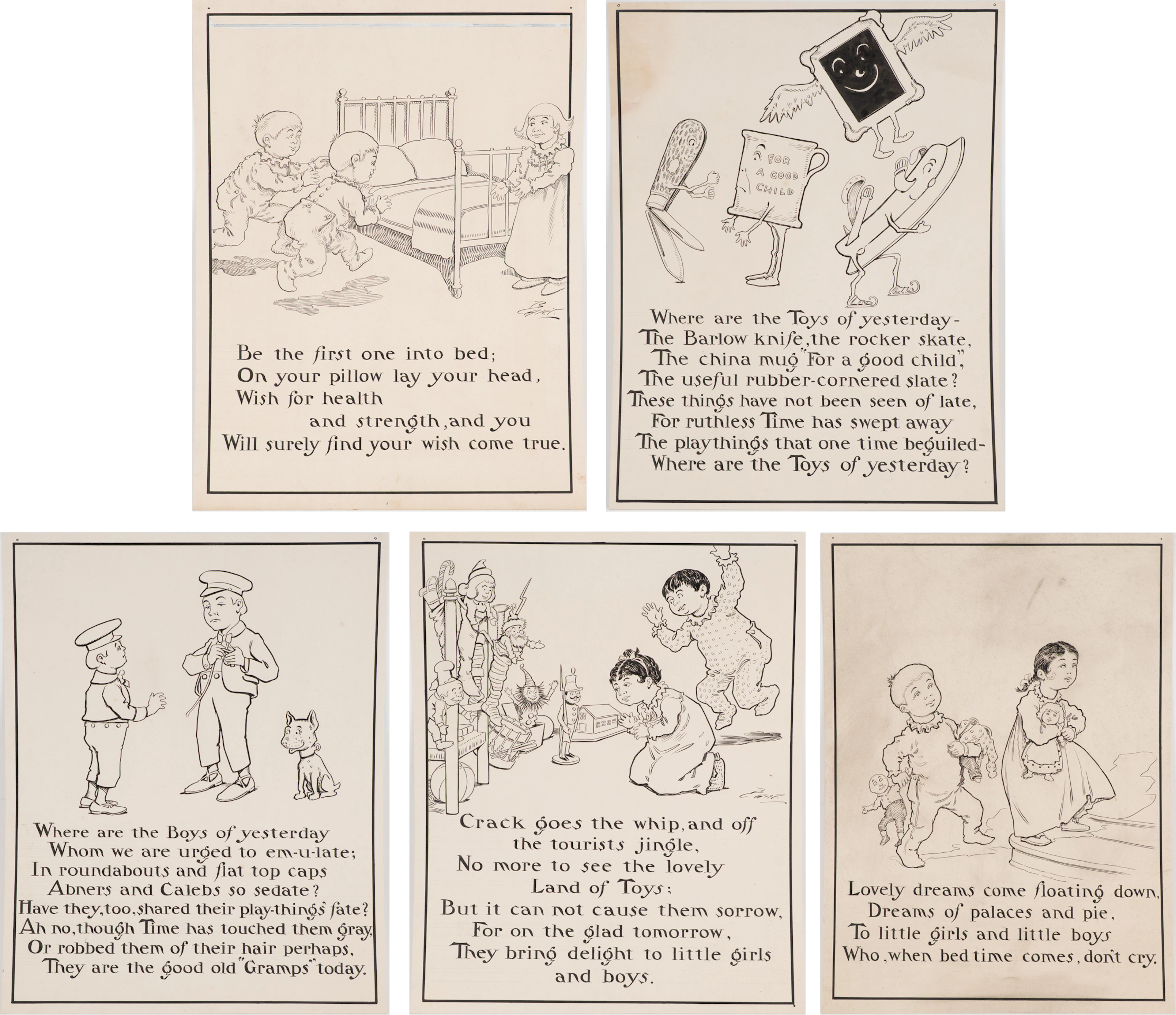 Charles L Bartholomew, American 1860-1949, Five Illustrations, Ink on Cardstock