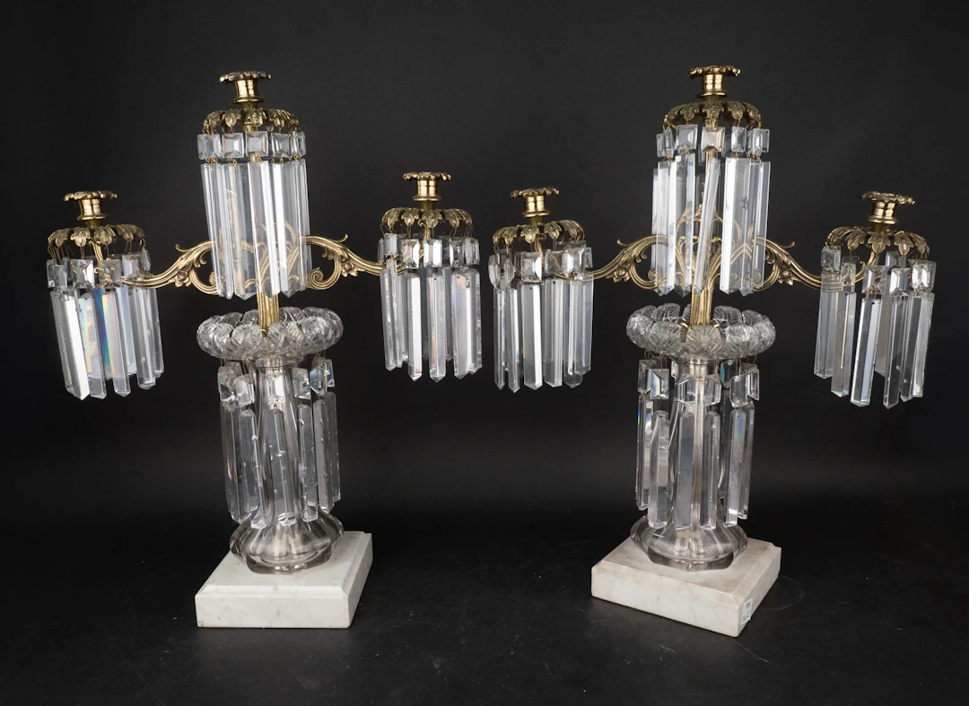 Pair of Victorian Crystal and Gilt Metal Candelabra